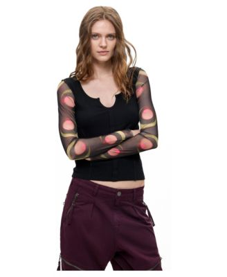 Women's Long-Sleeve Printed Knit Cotton-Blend T-Shirt