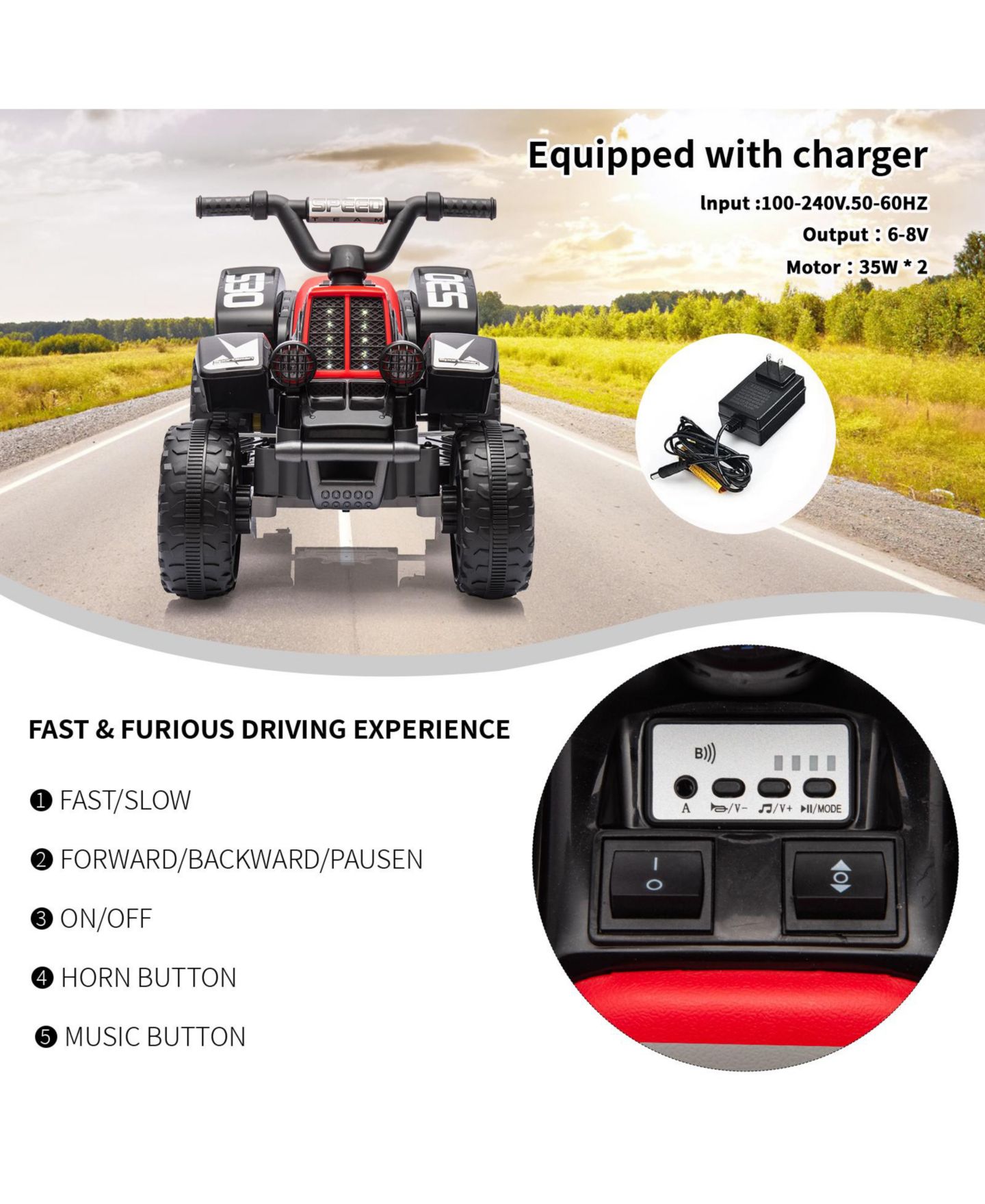 Детская игрушка homfan 6V Kids Electric Ride-On ATV Quad with LED Headlights, Ages 3+ — фото 8