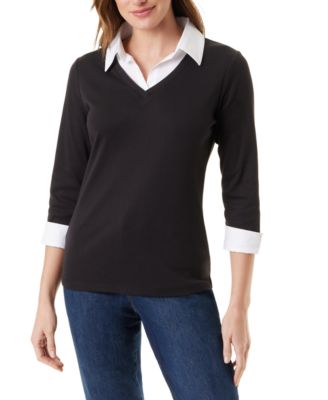 Women's Maxine Knit 3/4-Sleeve V-Neck Faux-Layer Blouse
