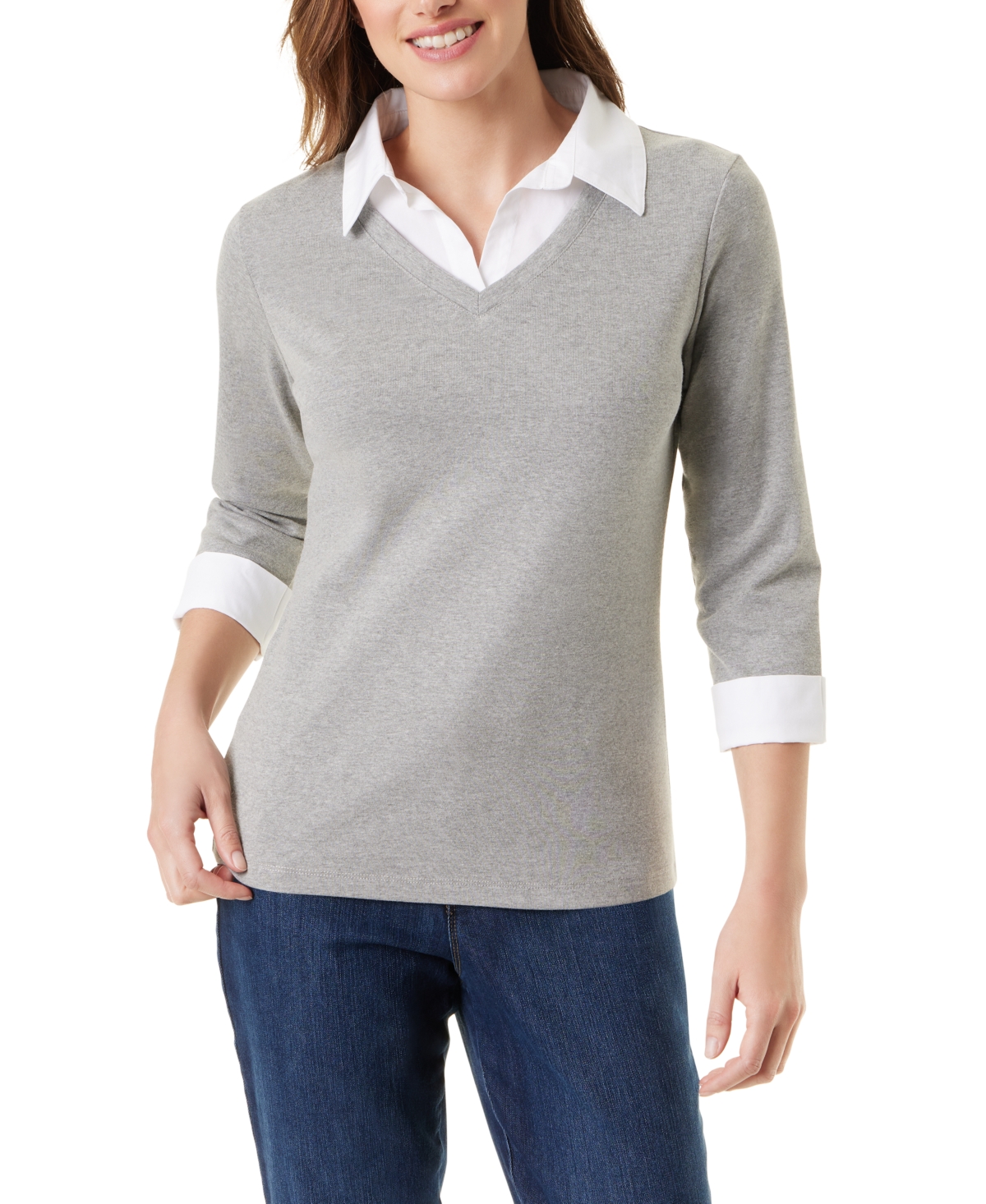 Gloria Vanderbilt Maxine Womens Layered Cotton Pullover Sweater In Heather Grey