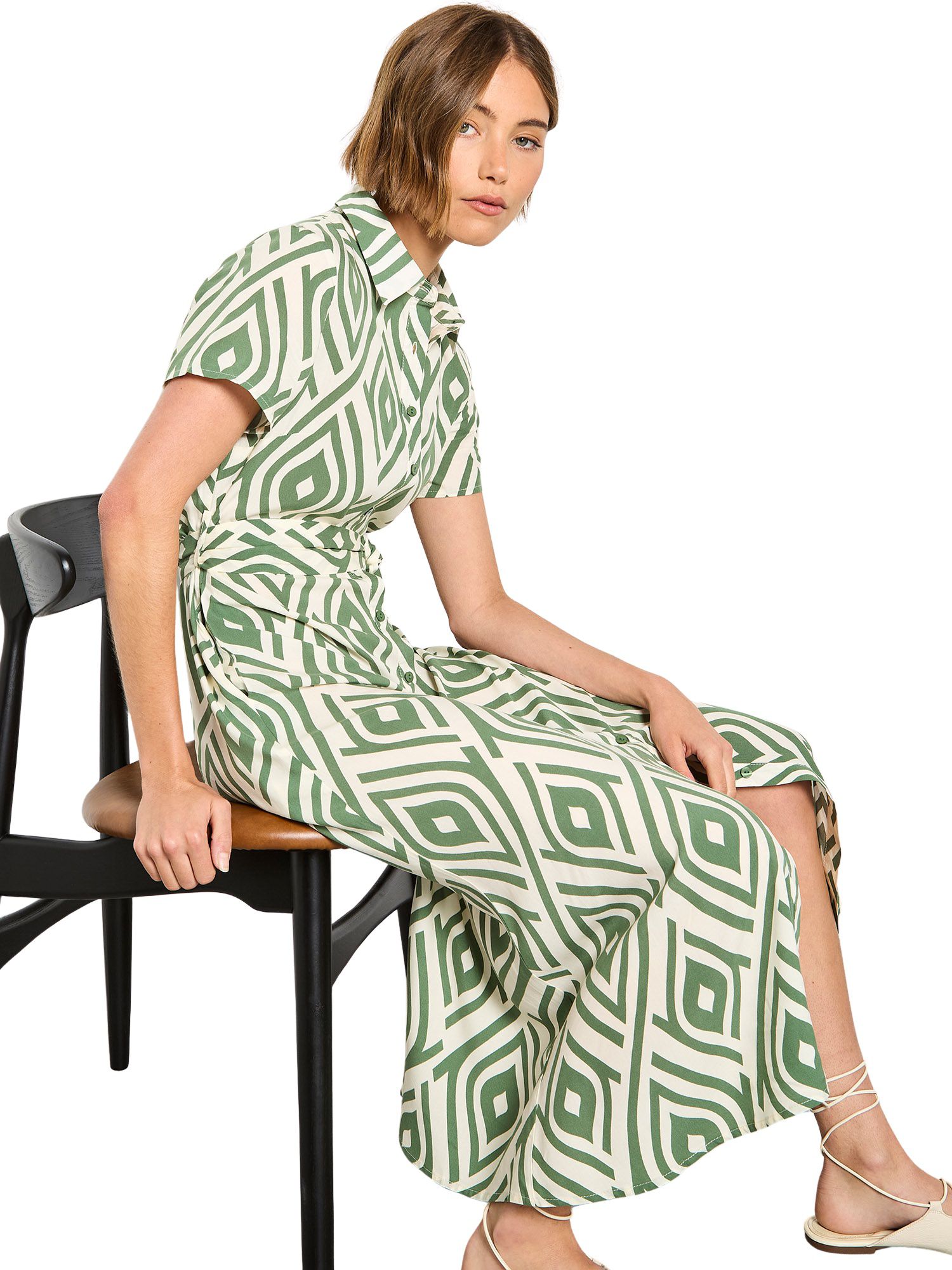 Women's Short-Sleeve Geometric-Print Midi Shirt Dress