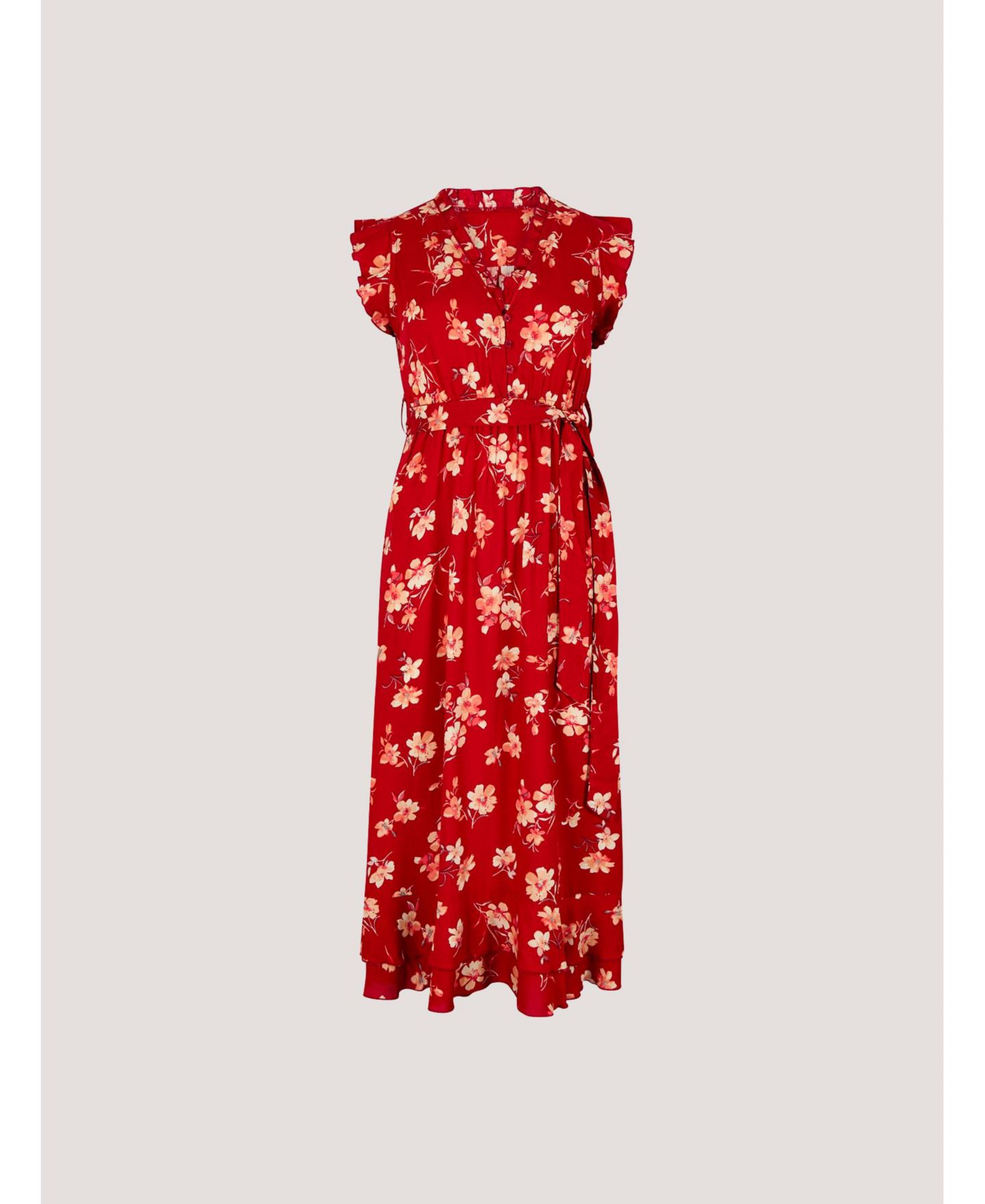 Женское платье Apricot Rock Cress Floral-Print Button-Front Ruffle-Cap-Sleeve Midi, цвет: Красный — фото 5