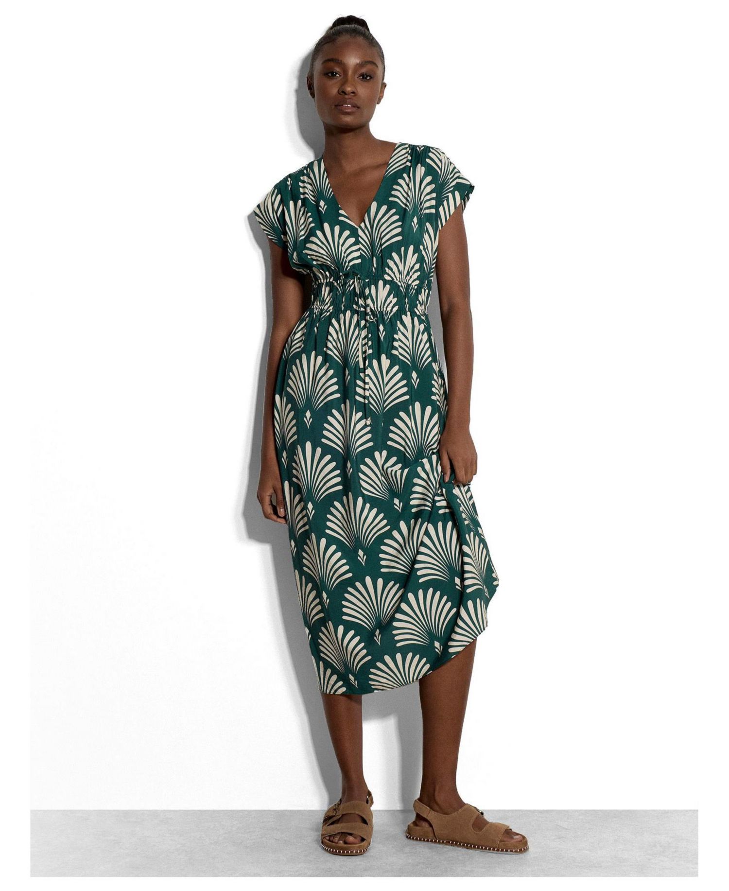 Women's Smocked V-Neck Midi Dress with Pockets