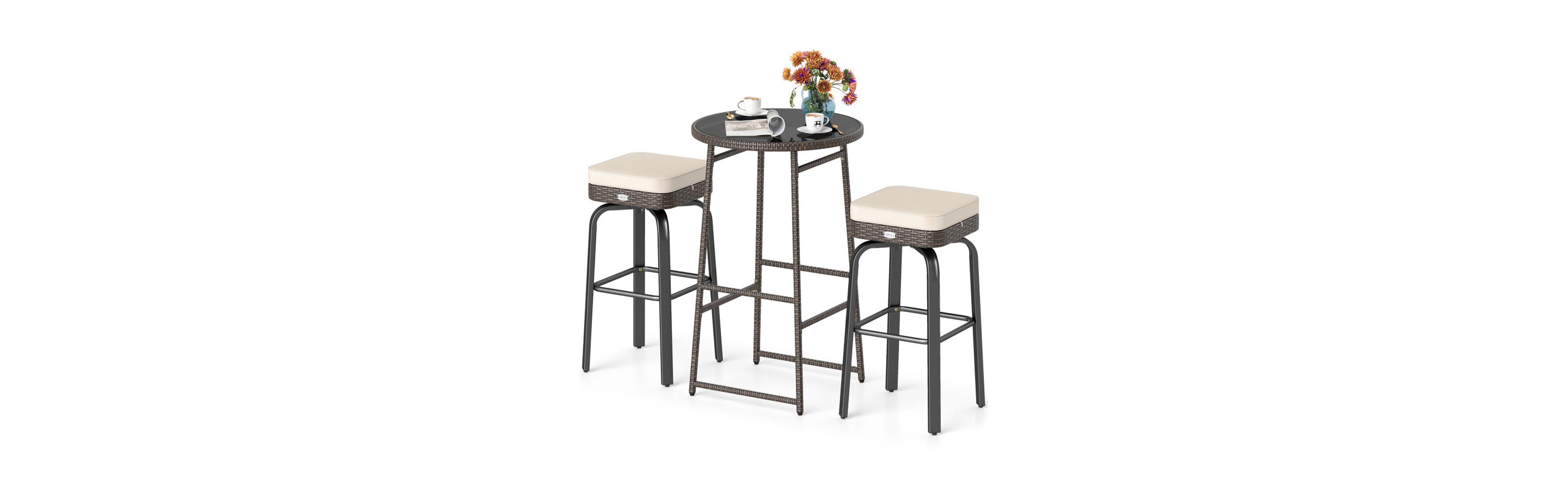 Boyel Living 3 Pieces Outdoor Swivel Bar Set Pe Rattan Bar Height Table with 2 Chairs