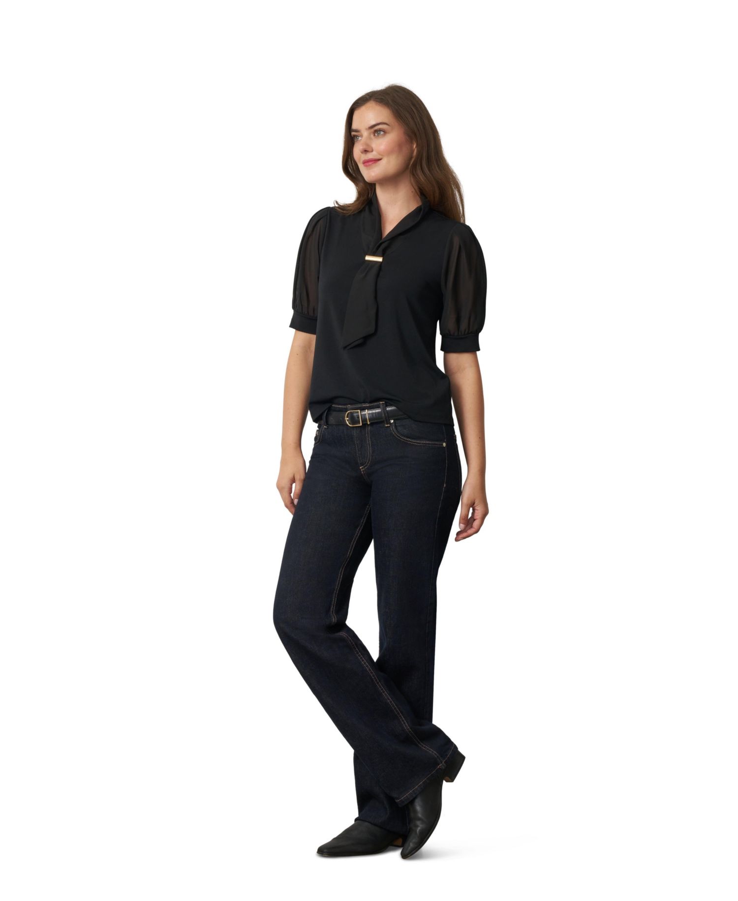 Women's Tie-Neck Short-Sleeve Puff Blouse