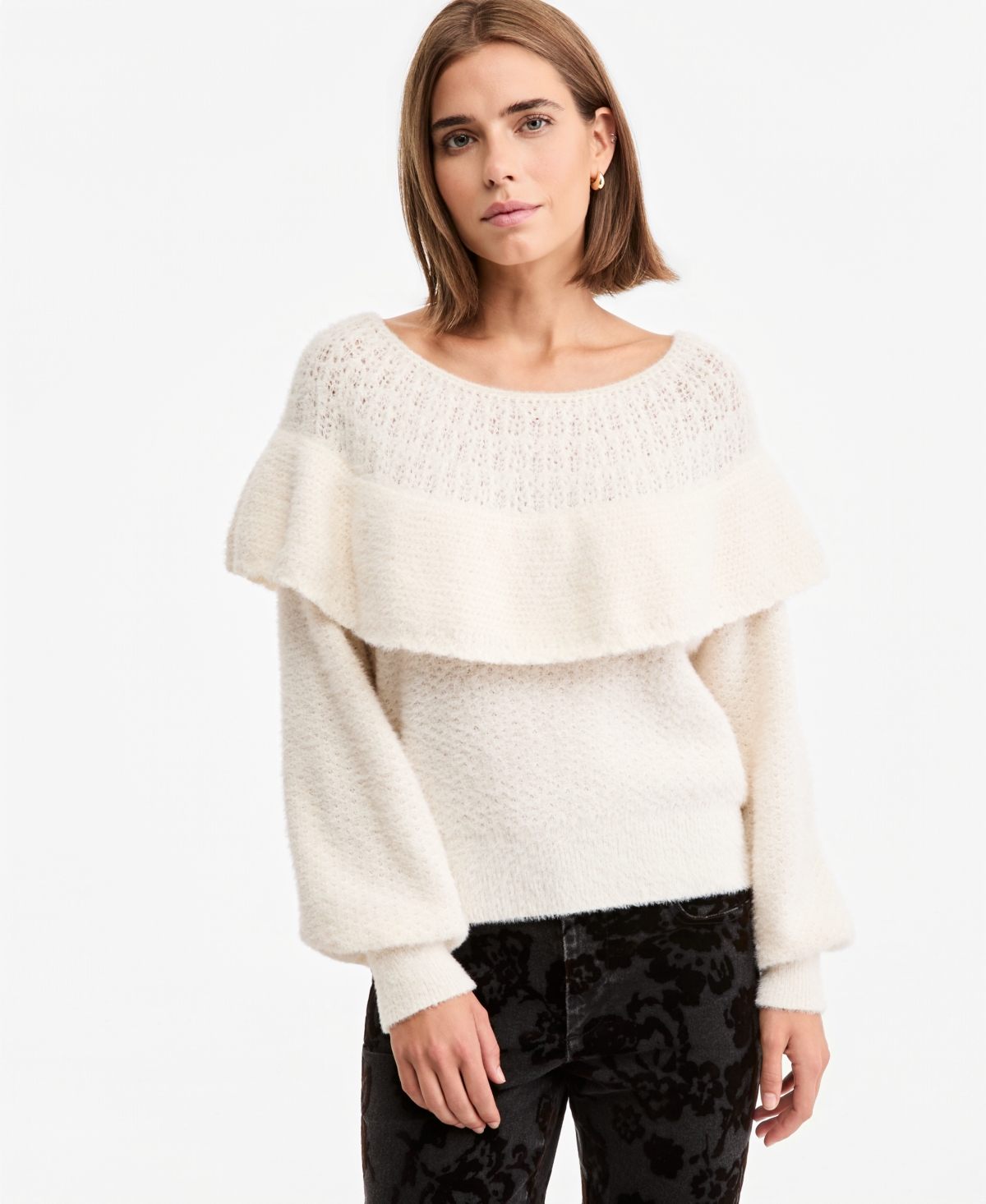 And Now This Women's Pointelle Cape Ruffle-Trim Sweater, Macy's Exclusive