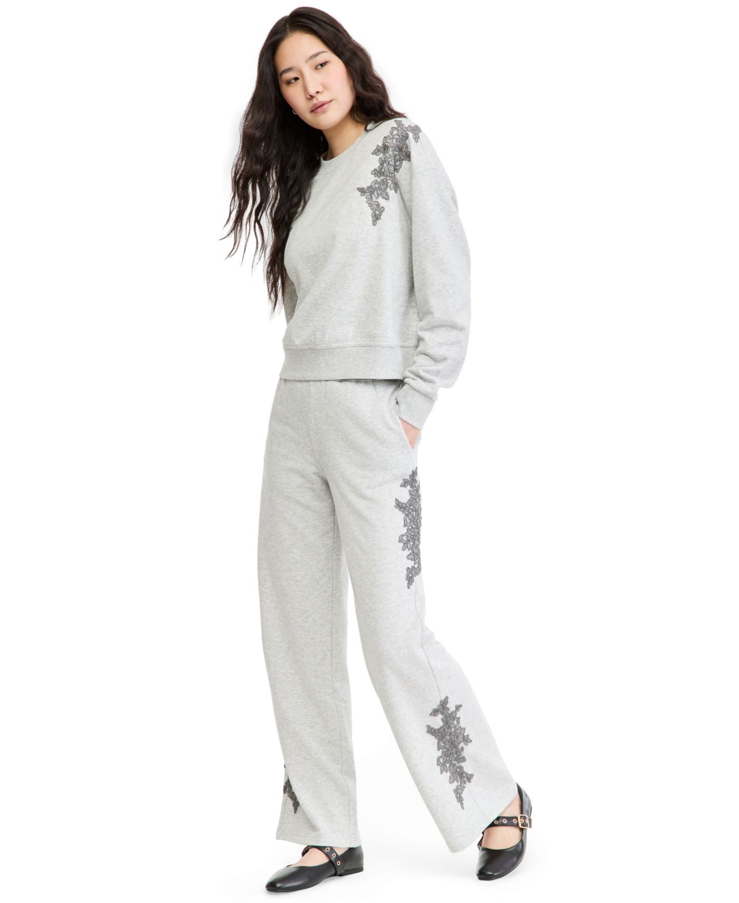 Женские брюки And Now This French Terry Wide Leg Embellished High Rise, цвет: Меланжевый серый — фото 1