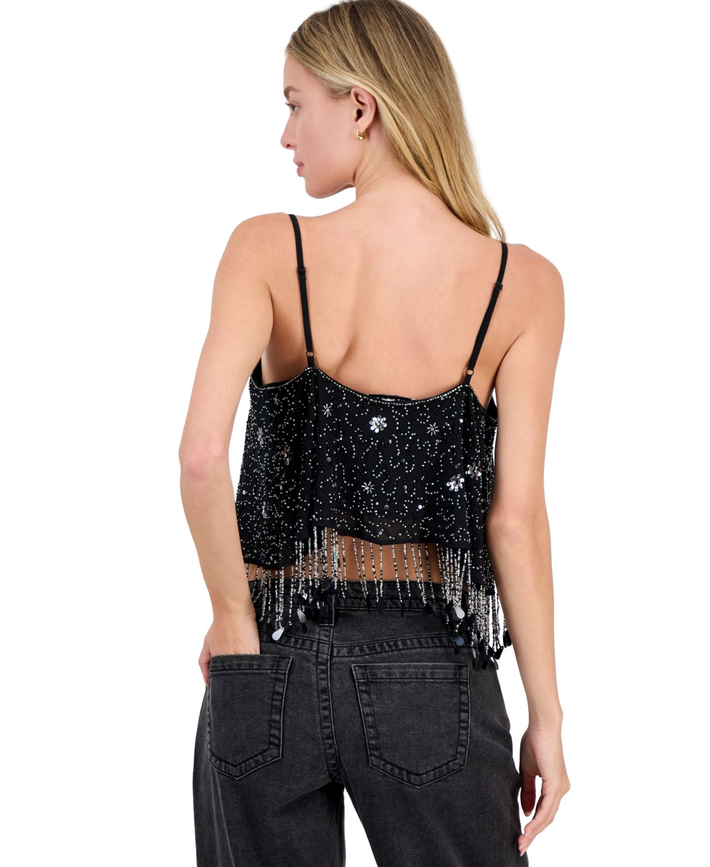 Женский топ And Now This Beaded Fringe Square Neck Camisole, цвет: Чёрный — фото 4