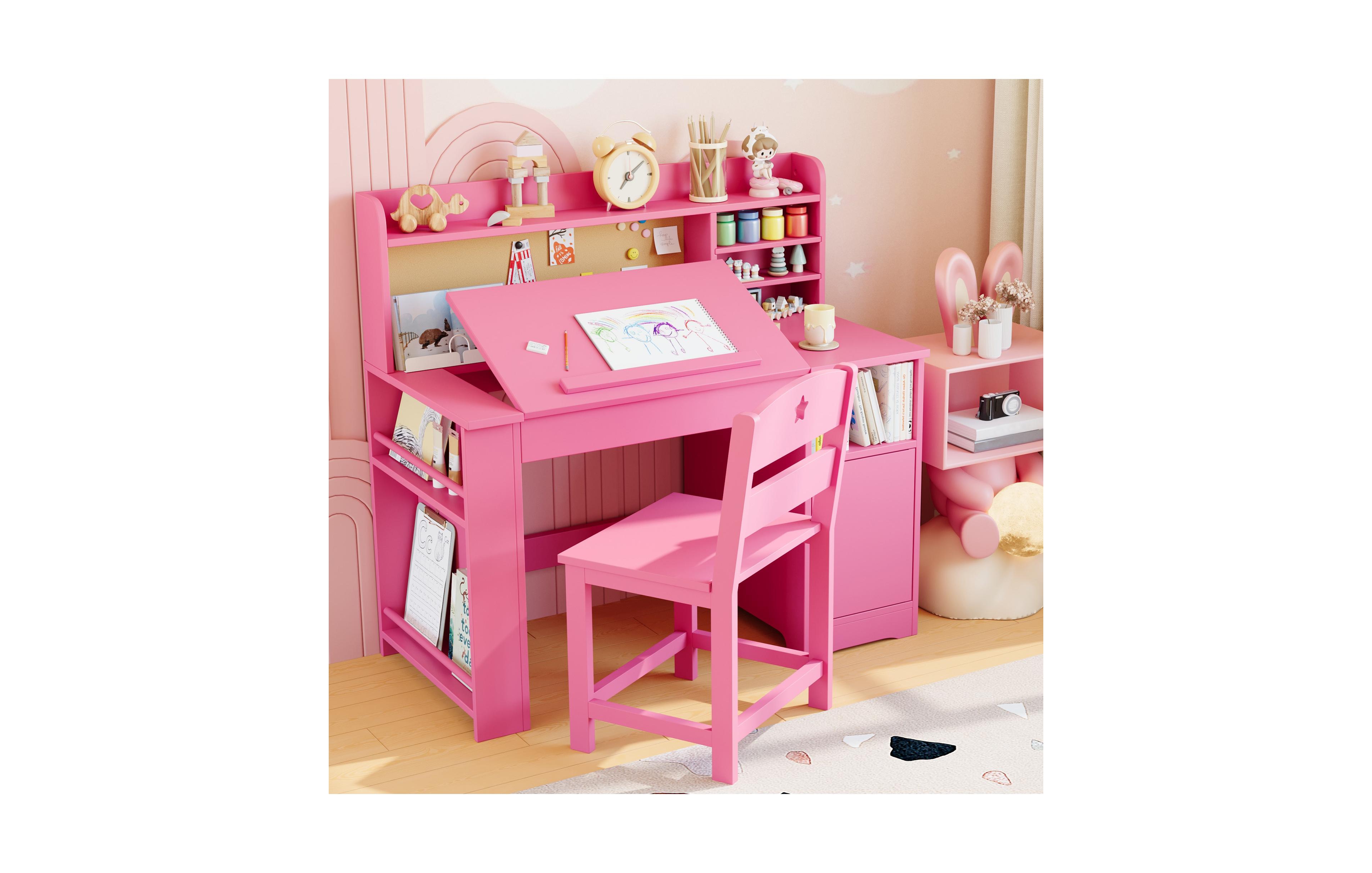 homfan Kids Study Desk and Chair Set with Storage, Tiltable Table Hutch Storage Cabinet for 3-8 Years Old, Student Writing Bedroom
