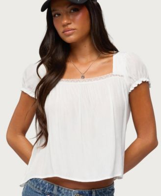 Women's Nesta Short-Puff Sleeve Square Neck Lace-Trim Top
