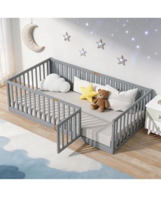 Twin Floor Bed with High Fence Railings and Door,Solid Rubber Wood Kids Platform Bed Frame