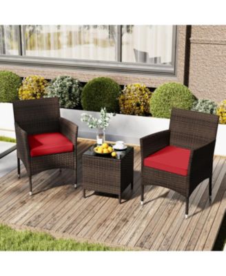 3 Pieces Outdoor Conversation Set with Cushioned Seat and Glass Tabletop