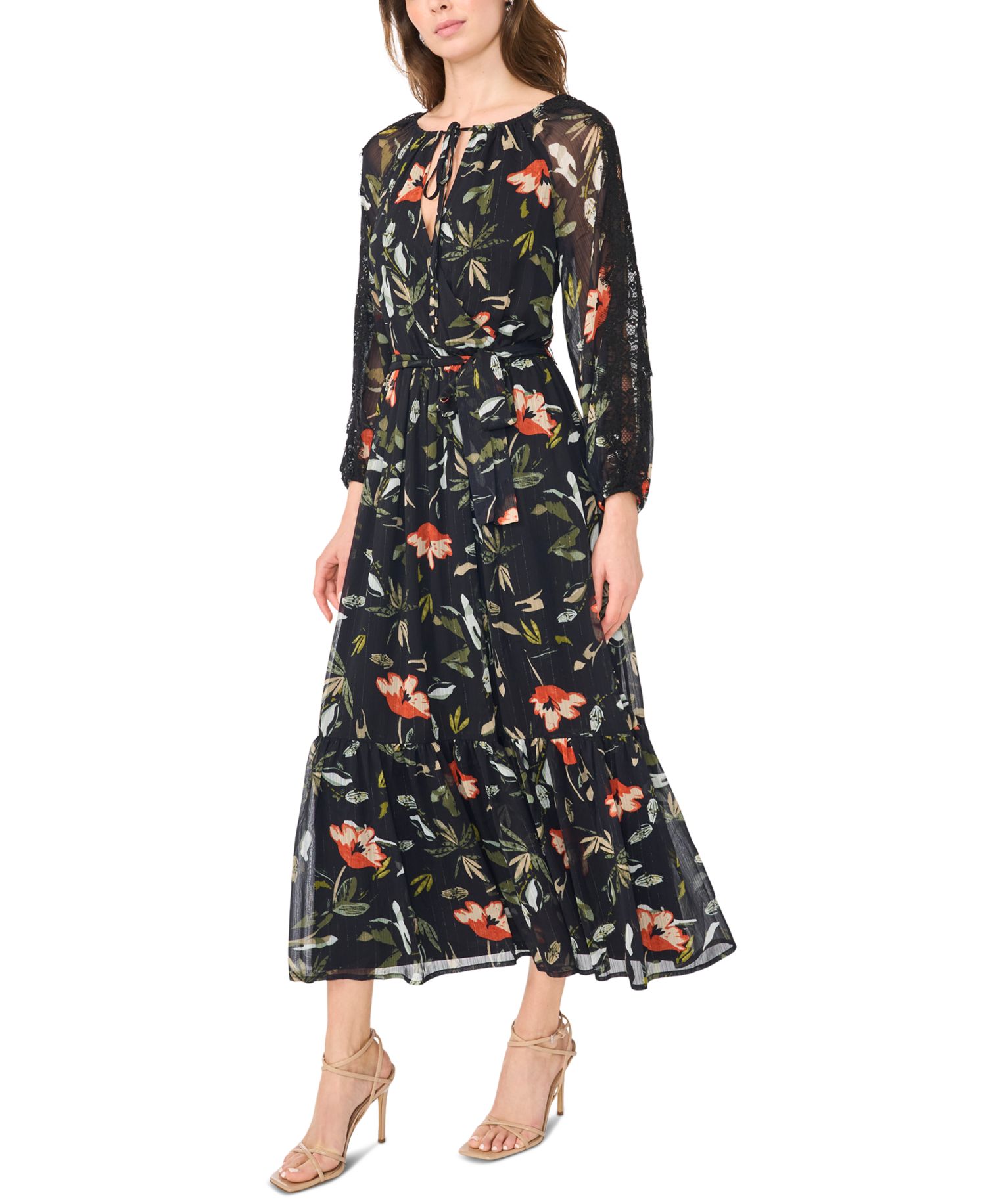 Women's Floral-Print Tiered Long-Sleeve Maxi Dress