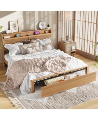 Wooden Rattan Bed Frame Bohemian with Storage and LED Lights | Cane Headboard with Charging Station, Wooden Slats, Noise-free, No Box Spring
