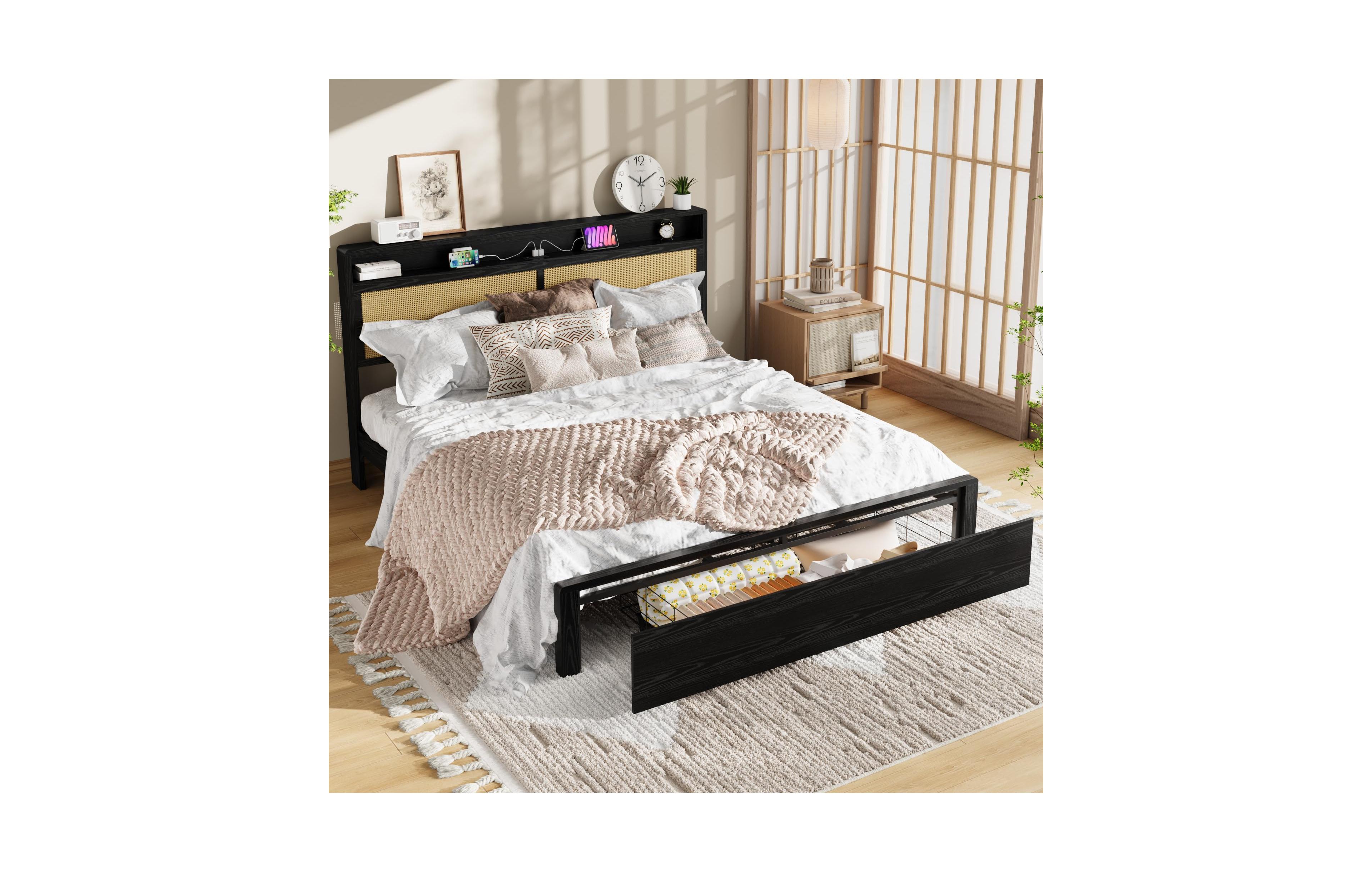 homfan Wooden Rattan Bed Frame Bohemian with Storage and Led Lights | Cane Headboard Charging Station, Slats, Noise-free, No Box Spring