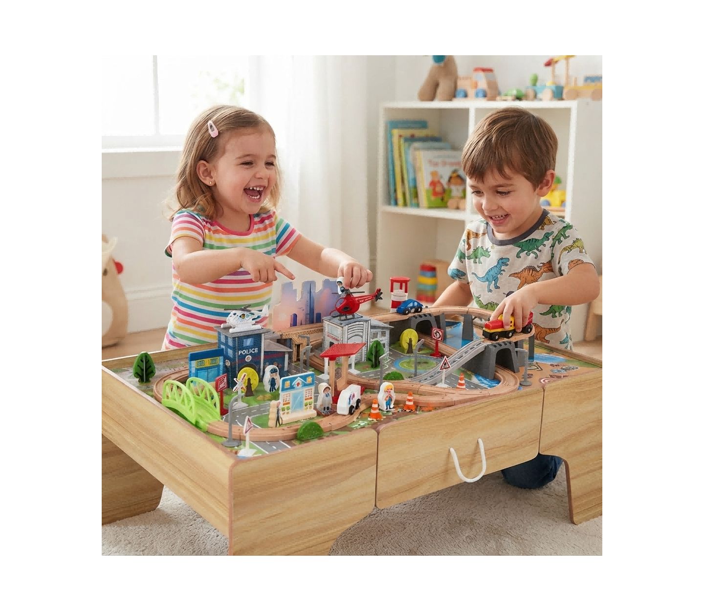 Детские игрушки HONGGE 110-Piece Wooden Train Table With Storage Drawer, цвет: Коричневый — фото 2