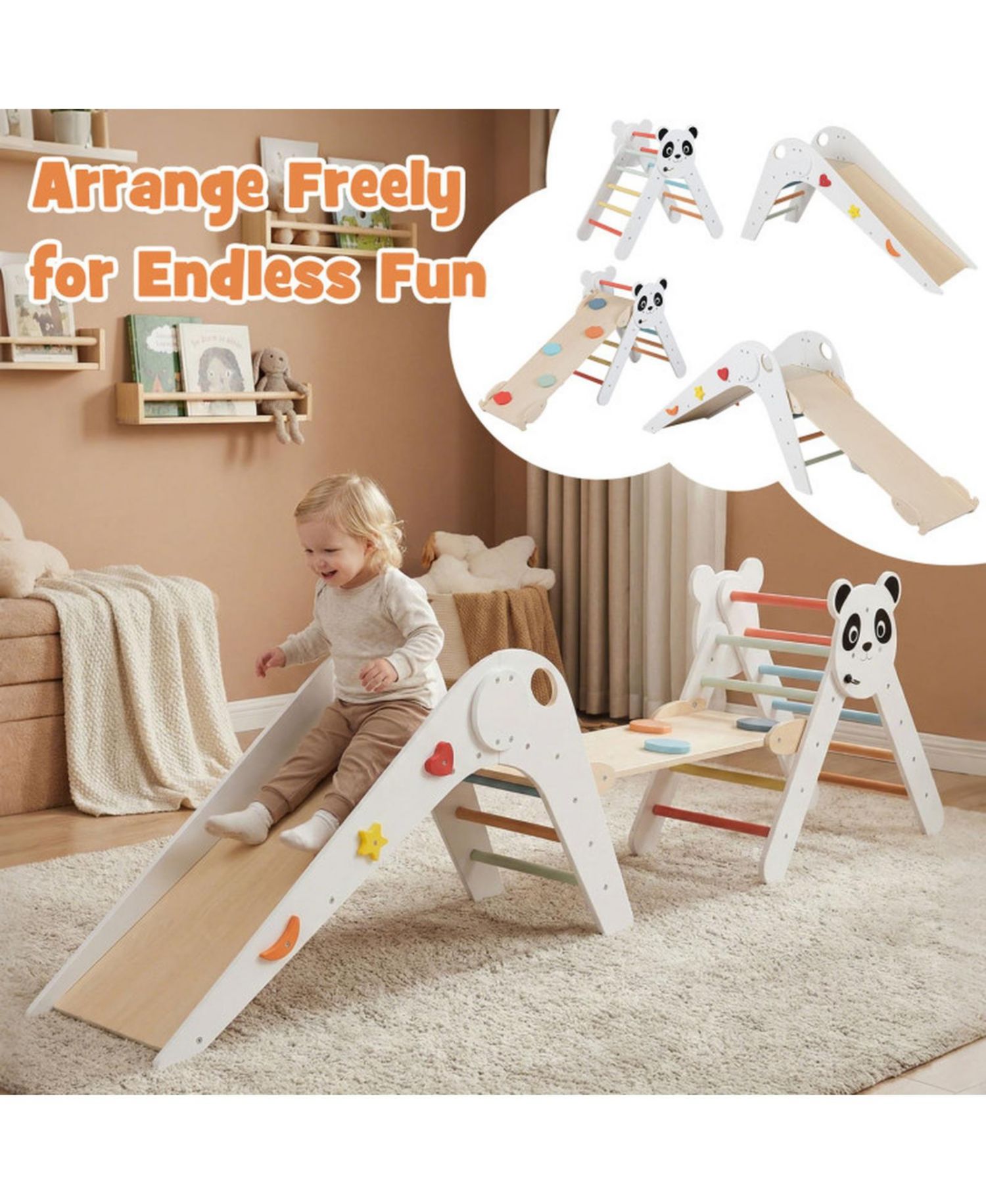 Ages 3+ Montessori Foldable 3-Piece Climbing Triangle, Slide, and Balance Bridge Set