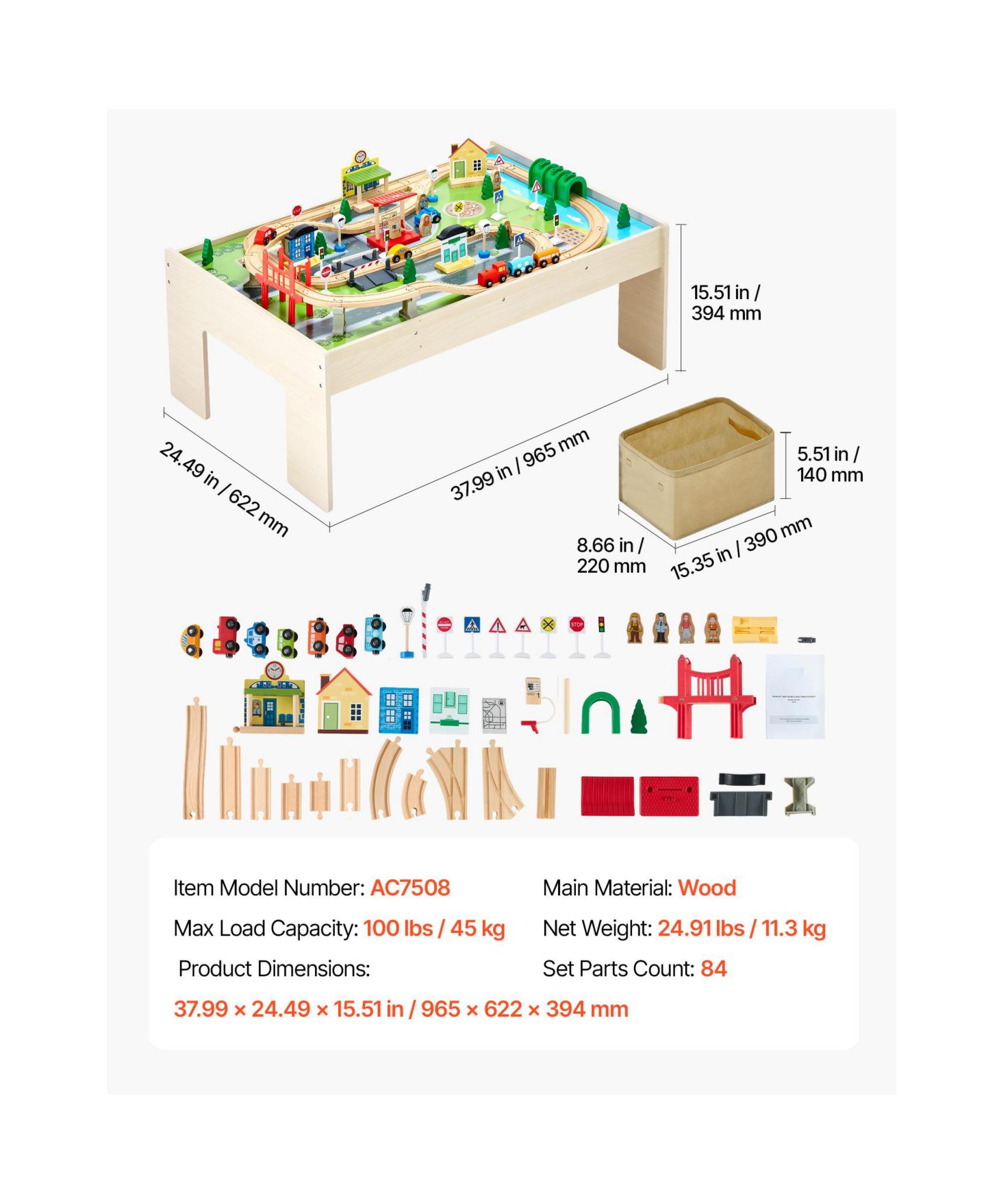 Детские игрушки HONGGE 84-Piece Reversible Tabletop Wooden Train Table with Collapsible Storage Bin, цвет: Зелёный / Коричневый — фото 7