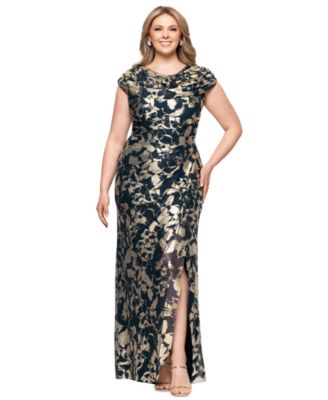 Plus Size Metallic Print Cowlneck Gown