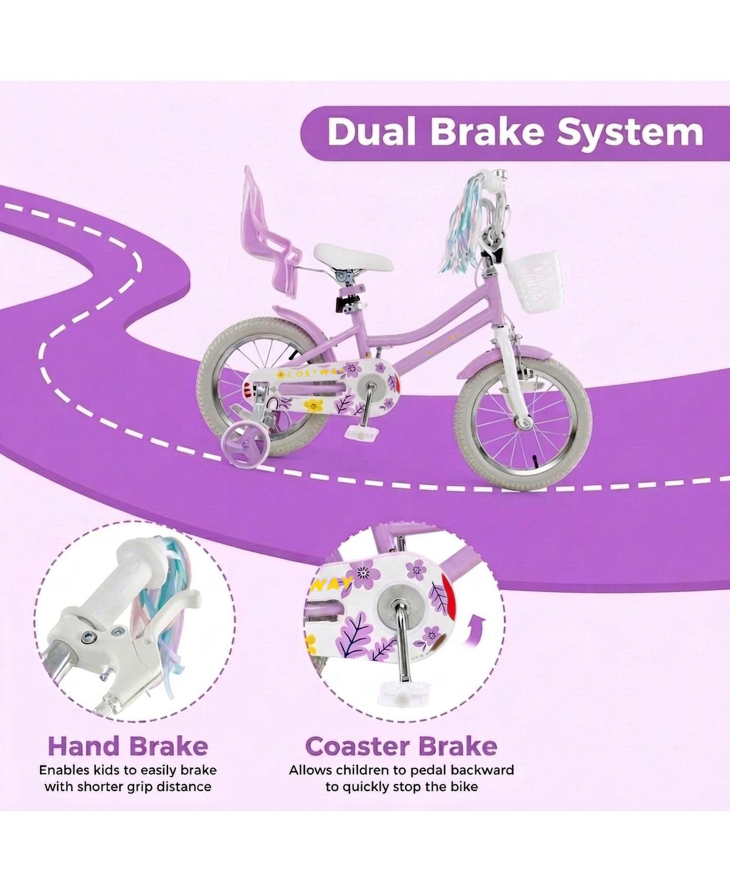 Детская игрушка HONGGE 14-Inch Girls Bike with Doll Seat, Dual Brake System & Training Wheels, Ages 3-5, цвет: Розовый красный — фото 8