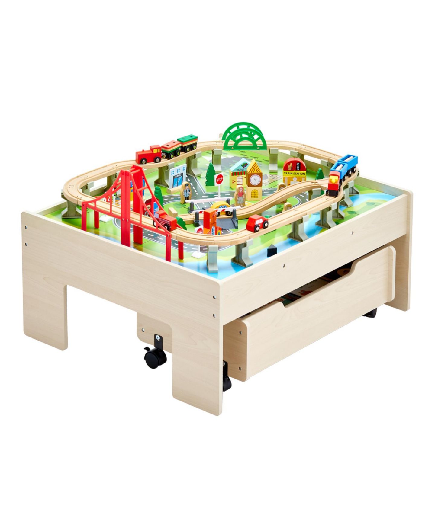 Детские игрушки HONGGE 3-in-1 100-Piece Reversible Wooden Train Table, цвет: Натуральный — фото 2