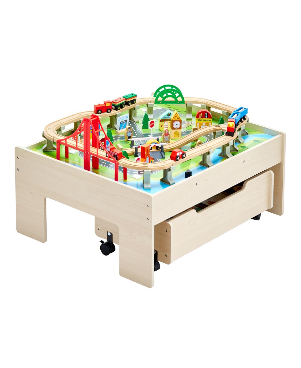 Hongge 3-in-1 100-Piece Reversible Wooden Train Table