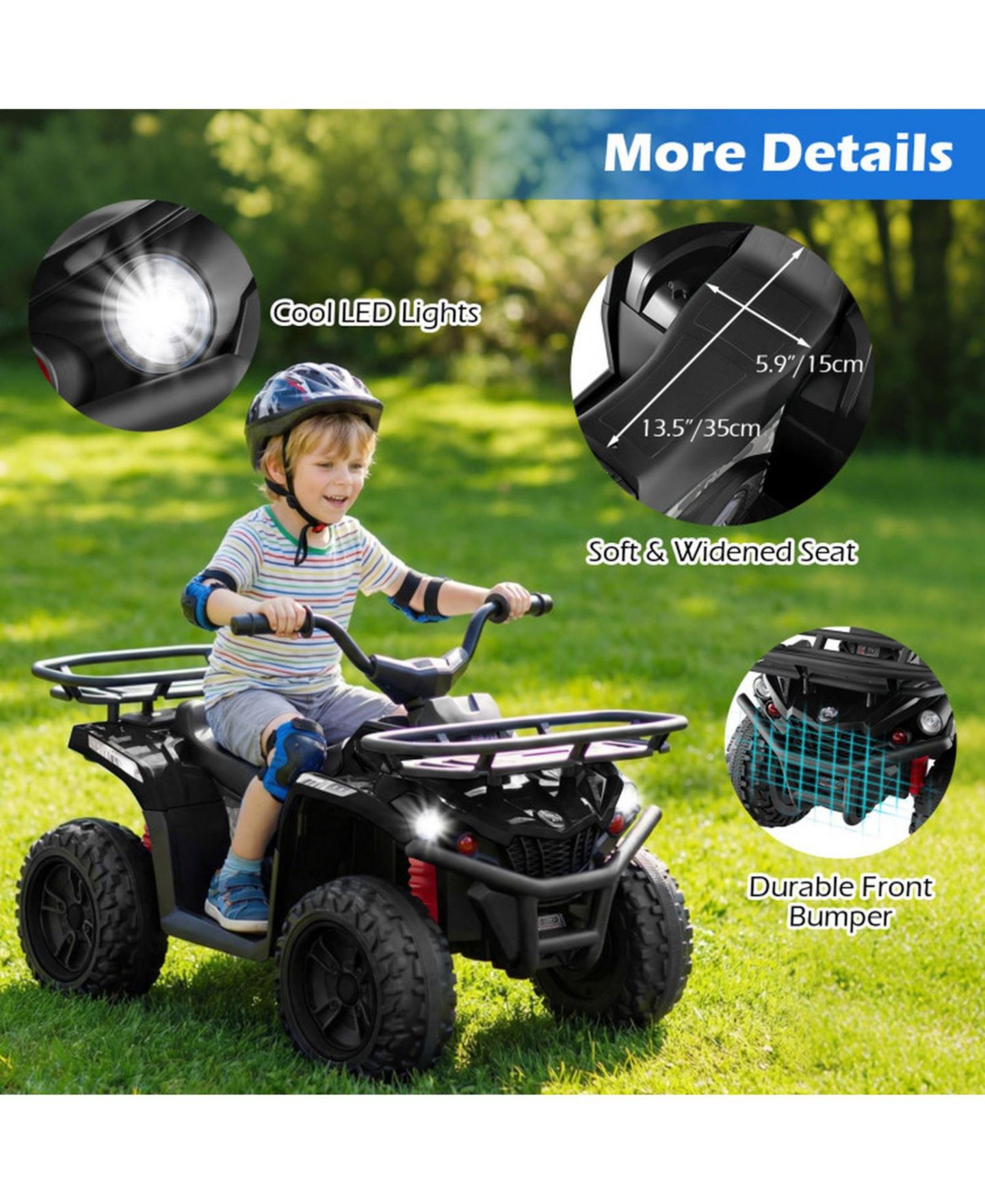 Детская игрушка HONGGE 24V Kids Electric Ride-On Quad ATV, Dual Motors, LED Headlights & Off-Road, 39.5" x 21" x 22", 66 lbs., Ages 3+, цвет: Чёрный — фото 7