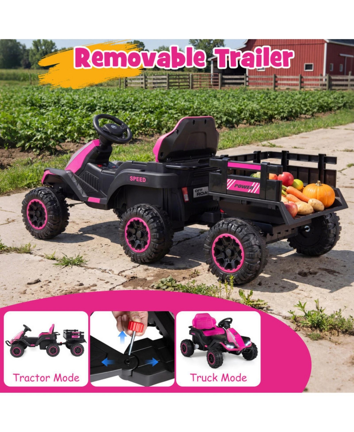 Hongge 24V 2-In-1 Ride-On Tractor, 60" x 27" x 24", Remote Control, 66 Lbs. Capacity, Ages 3+