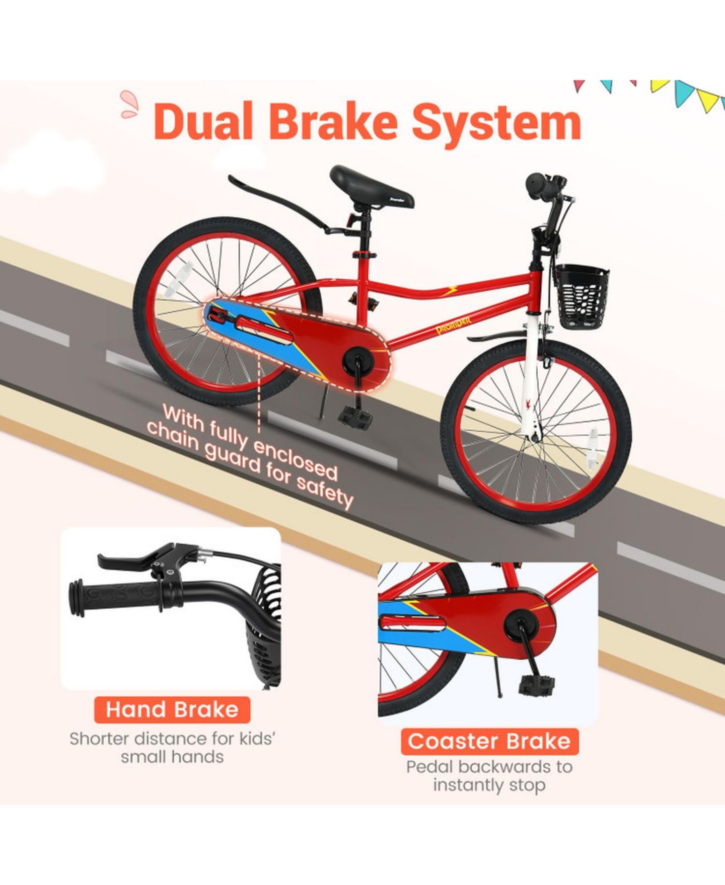 Детская игрушка HONGGE 20-Inch Height-Adjustable Kids Bike with Dual Brakes, Storage Basket, 143 lbs. Capacity, Ages 8+, цвет: Красный — фото 4