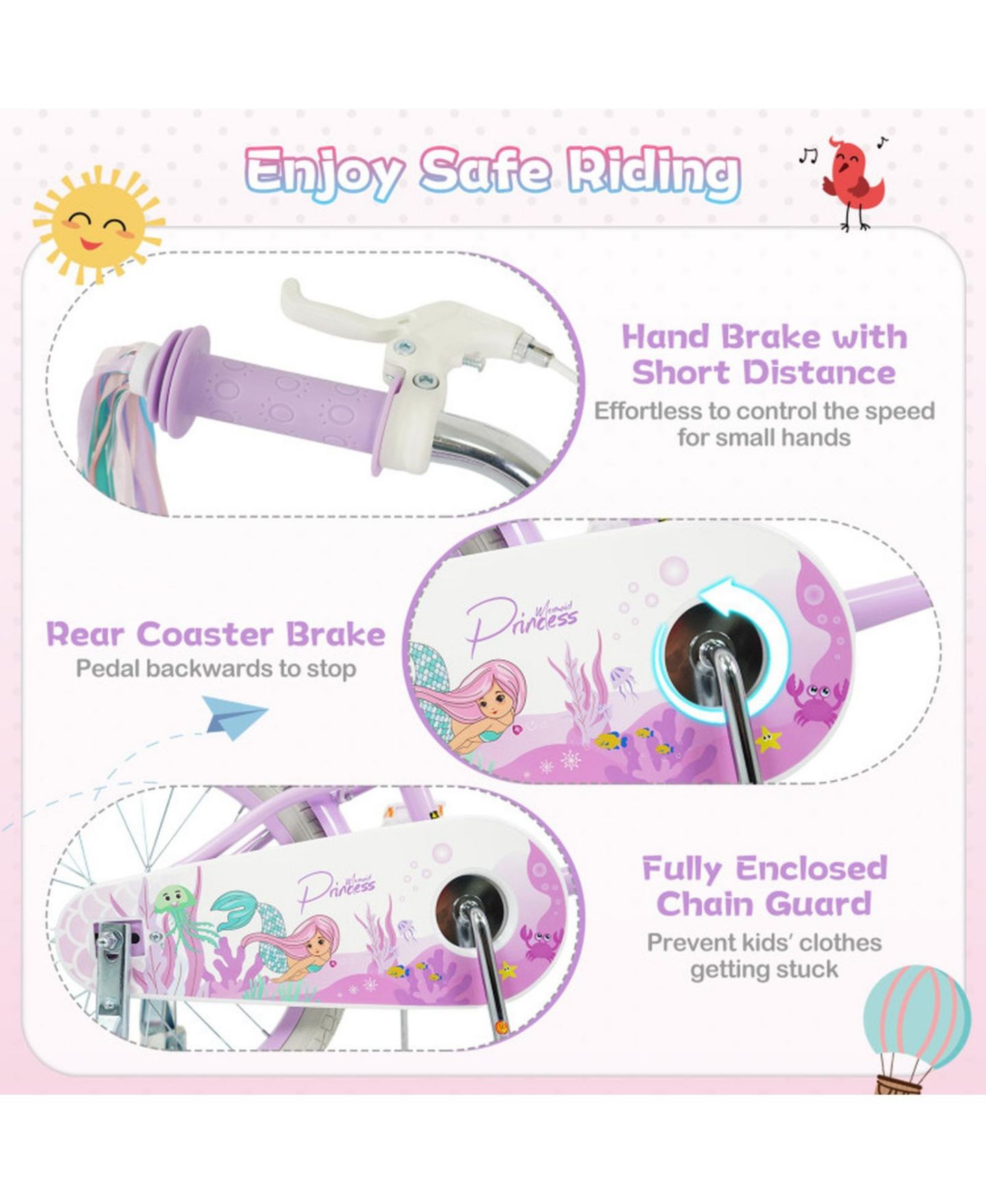 Детская игрушка HONGGE 16-Inch Girls Bike with Mermaid Streamers and Training Wheels, Ages 4-7, цвет: Фиолетовый — фото 4