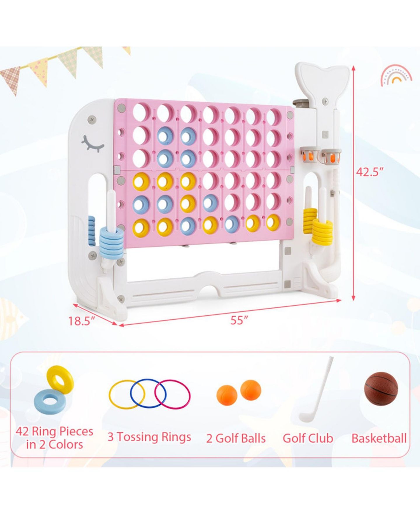 Детские игрушки HONGGE Giant 4-in-1 Connect Four Yard Game Set with Adjustable Height, Ages 5+, цвет: Розовый — фото 3