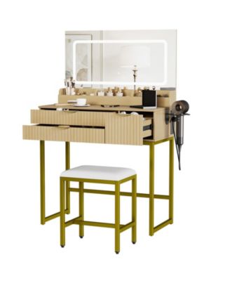 Modern Fluted Vanity Desk with Glass Top, Large LED Mirror, 3 Drawers, 3 Storage Shelves, Power Outlet, Hair Dryer Rack and Stool