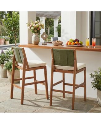 Set of 2 Outdoor Acacia Wood Bar Height Stools, Teak Finish with Cushion and Wicker Back
