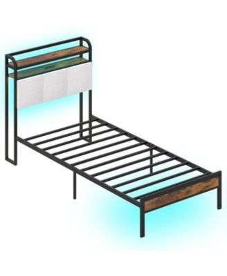 Twin Size Bed Frame with Led Light and Charging Station 2 Outlets 1 Usb 1 Type-C Port
