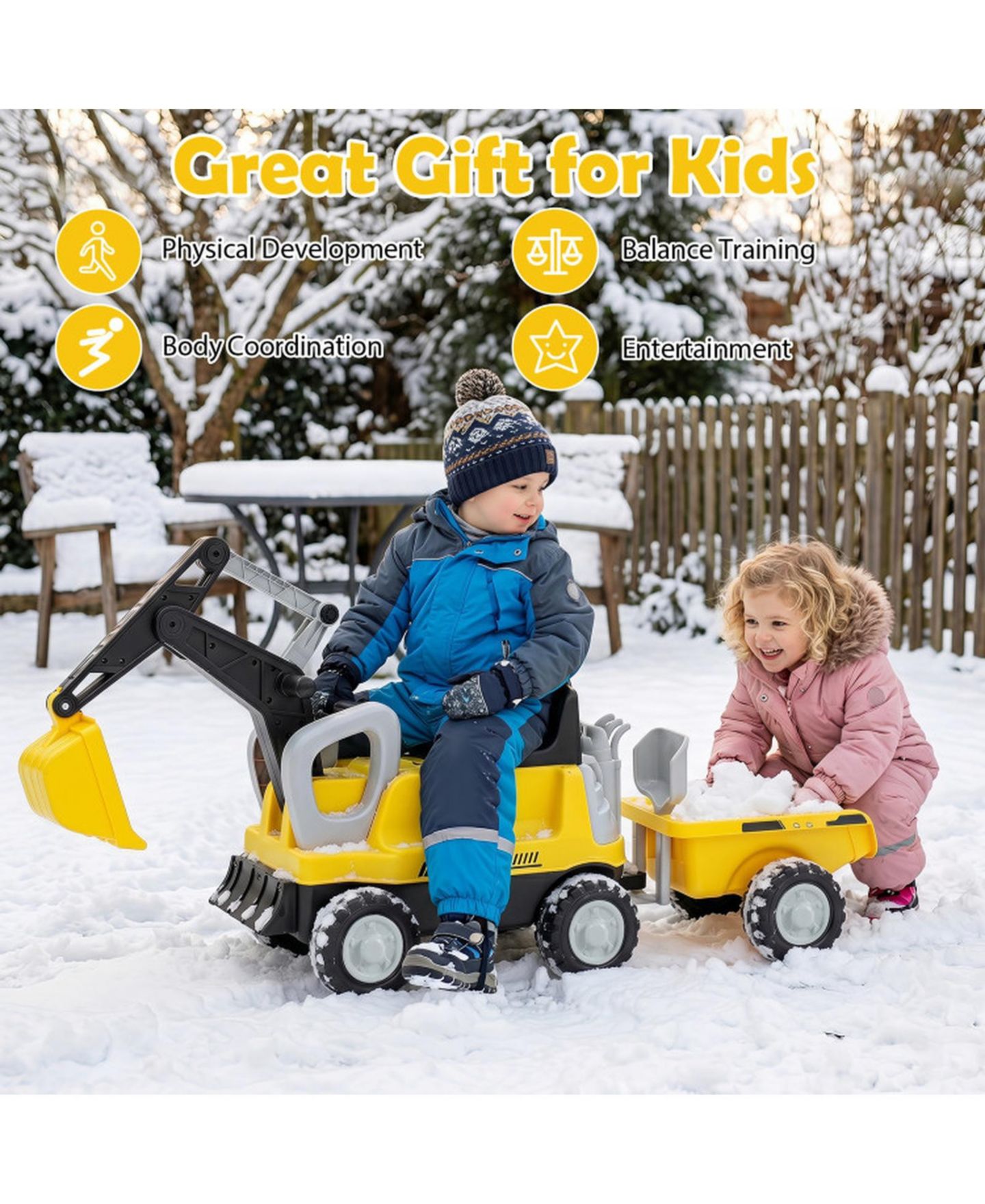 Детская игрушка HONGGE 2-In-1 Foot-to-Floor Ride-On Tractor with Digging Arm and Detachable Trailer, 50"L x 13"W x 23"H, 55 lb. Capacity, Ages 3+, цвет: Жёлтый — фото 8