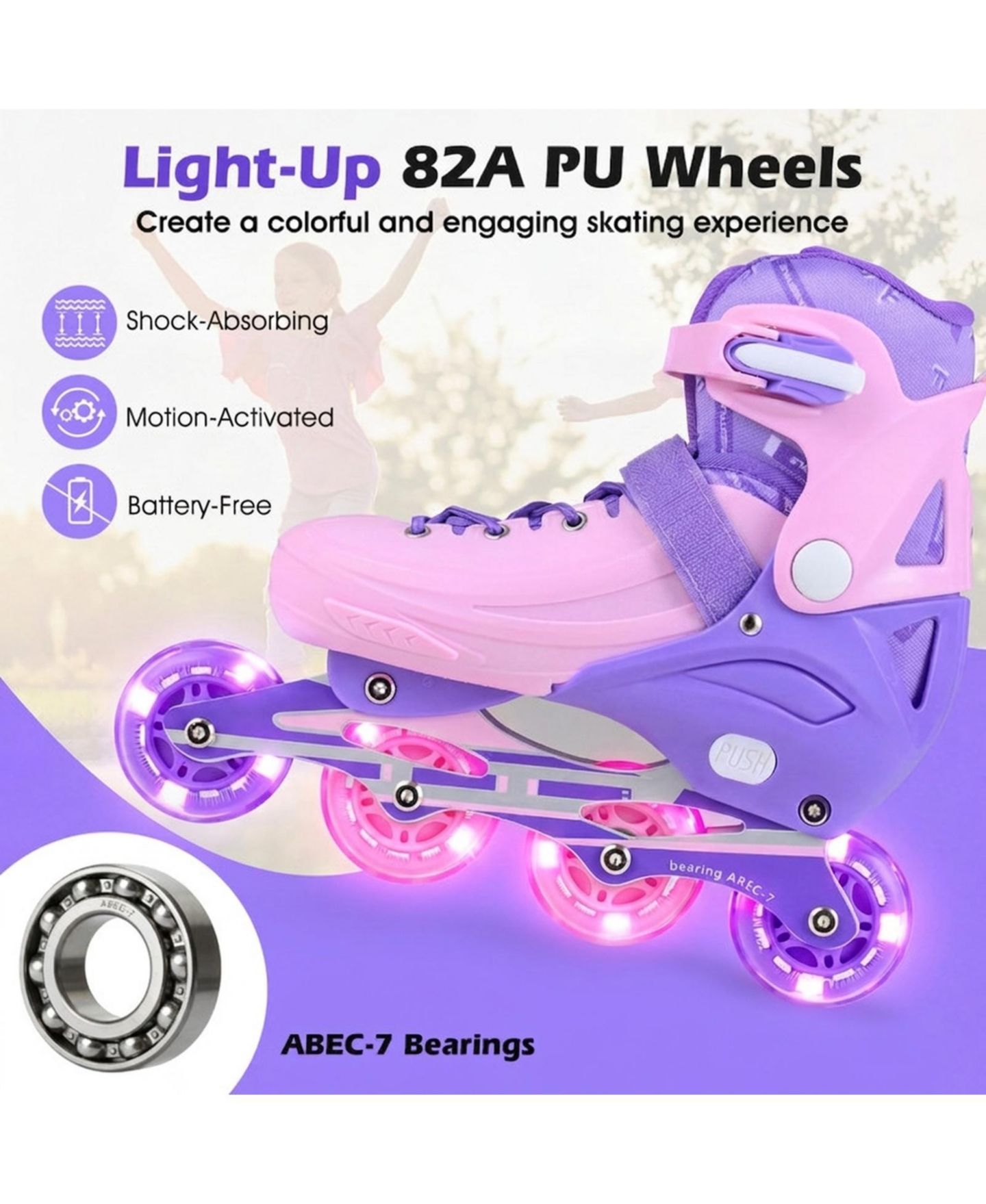 Детские игрушки HONGGE Adjustable Light-Up Kids Inline Skates, Ages 7+, цвет: Фиолетовый — фото 6
