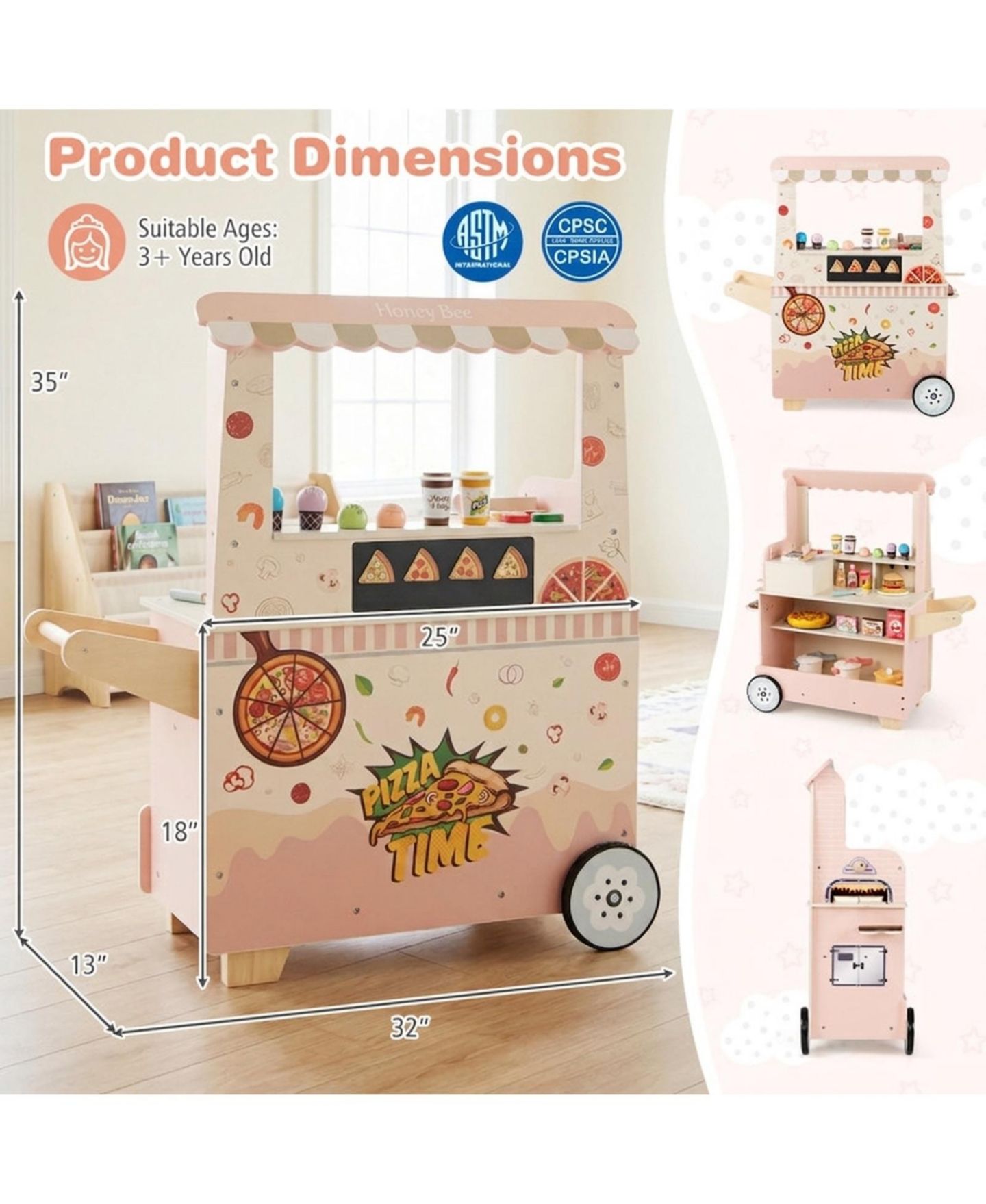 Детский игровой набор SUGIFT Pizza Food Truck Double-Sided Wooden 40-Piece Playset, Ages 3-6, цвет: Розовый — фото 3