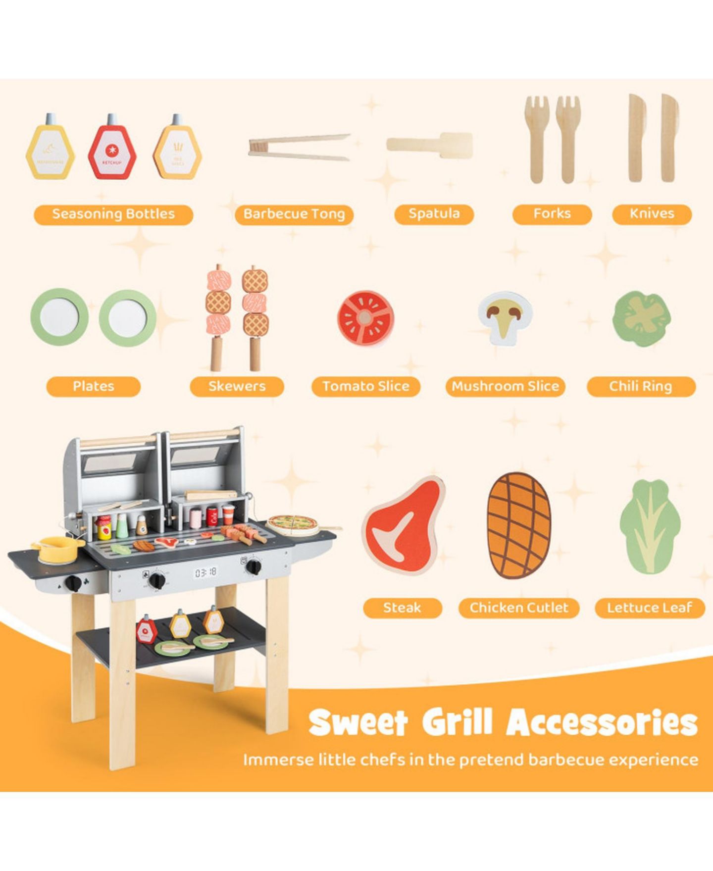 Детский игровой набор SUGIFT Wooden Barbecue Grill Playset with Grilling Tools and Play Food, Ages 3+, цвет: Серый — фото 8