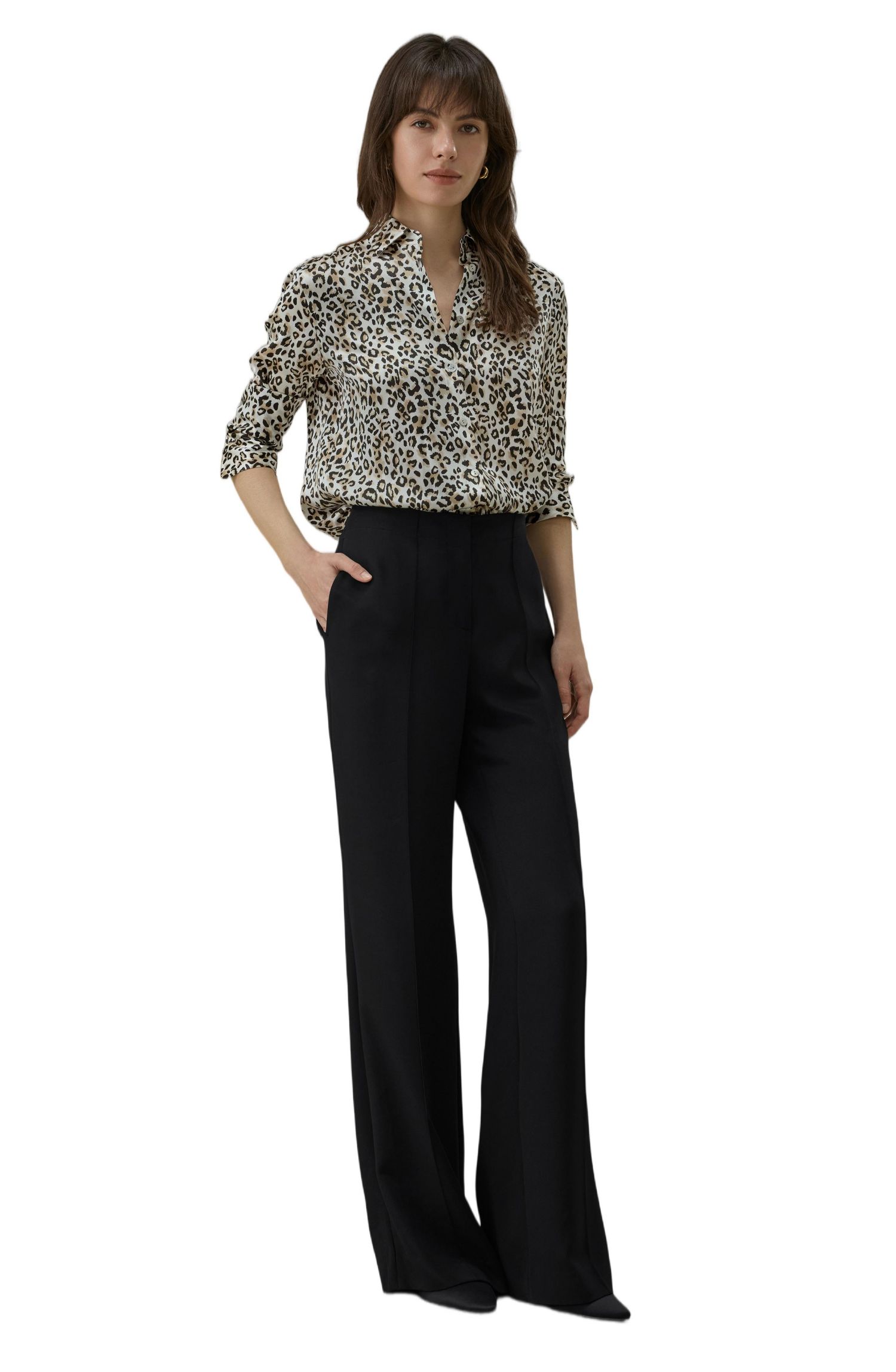 Women's Long-Sleeve Leopard-Print Silk Blouse