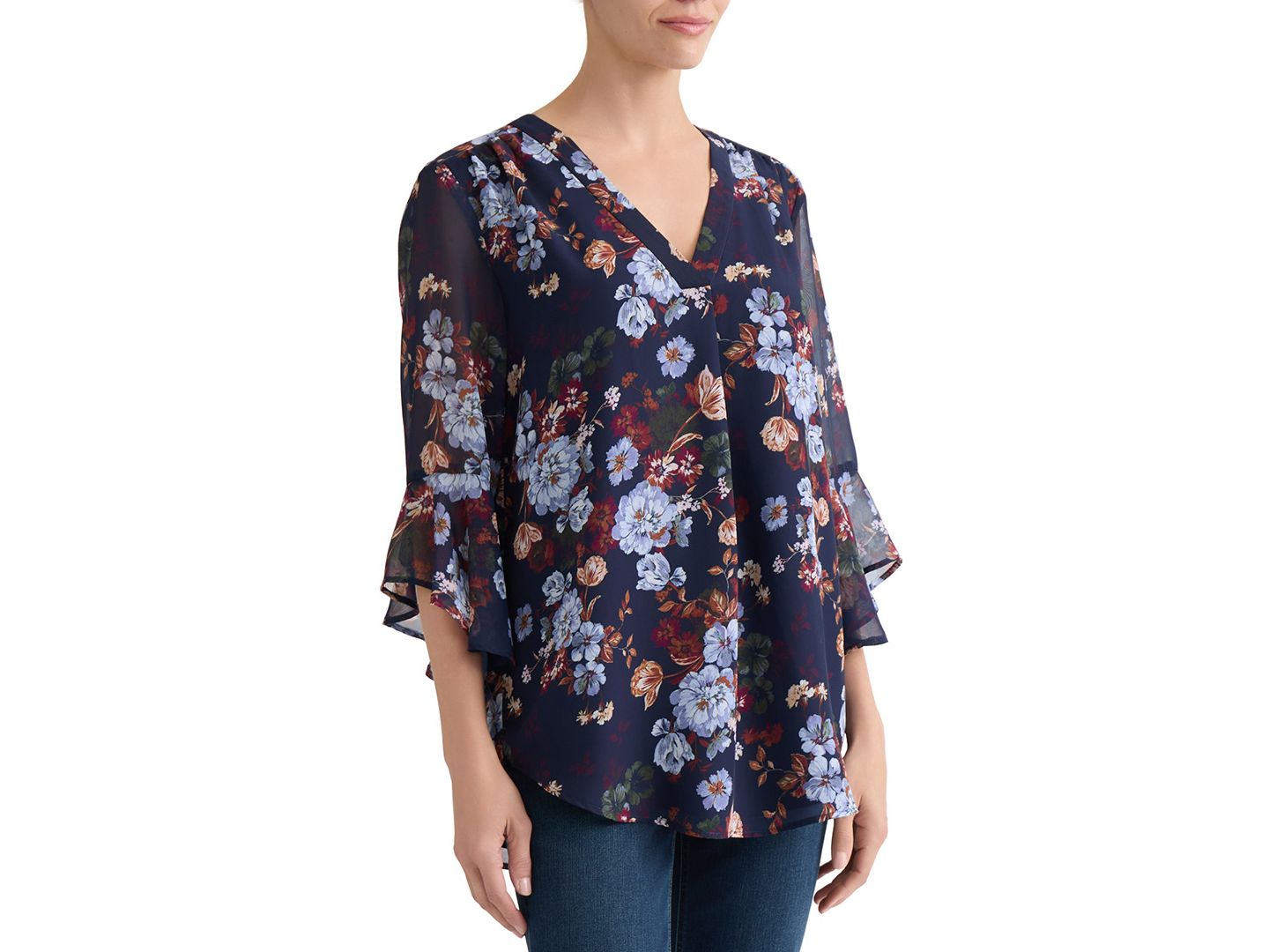 Женский топ Jones New York V-Neck Printed-Flutter-Sleeve Top, цвет: Тёмно-синий разноцветный — фото 2