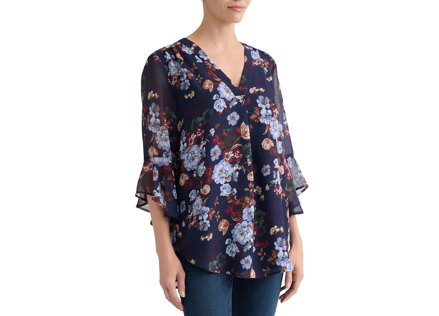 Petite V-Neck Printed-Flutter-Sleeve Top