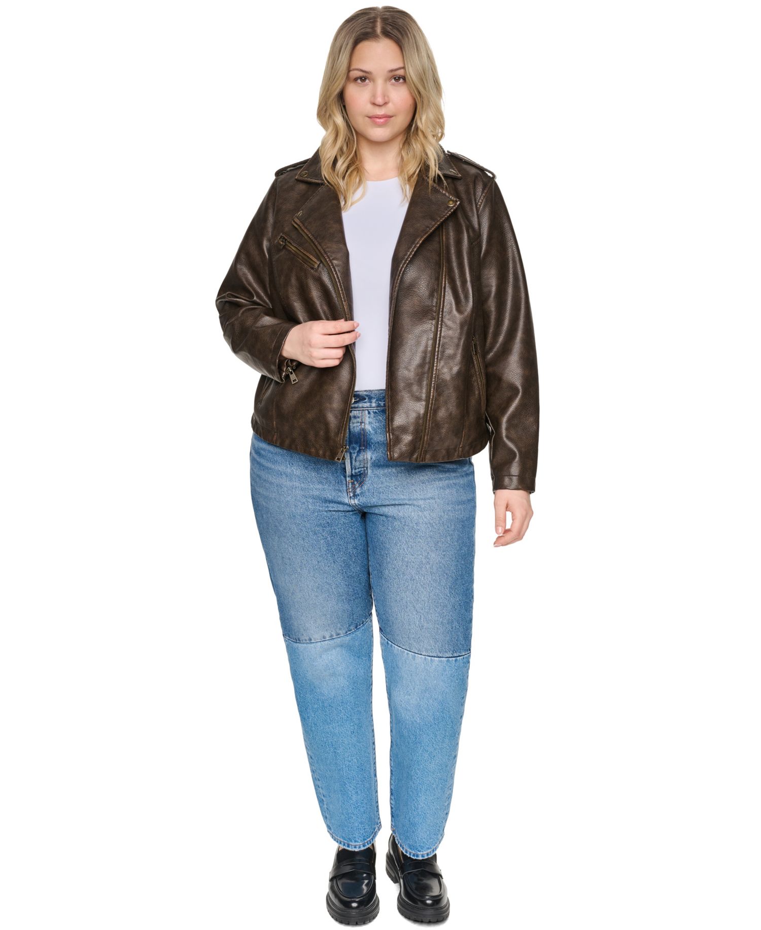 Plus Size Faux Leather Asymmetrical-Zipper Moto Jacket