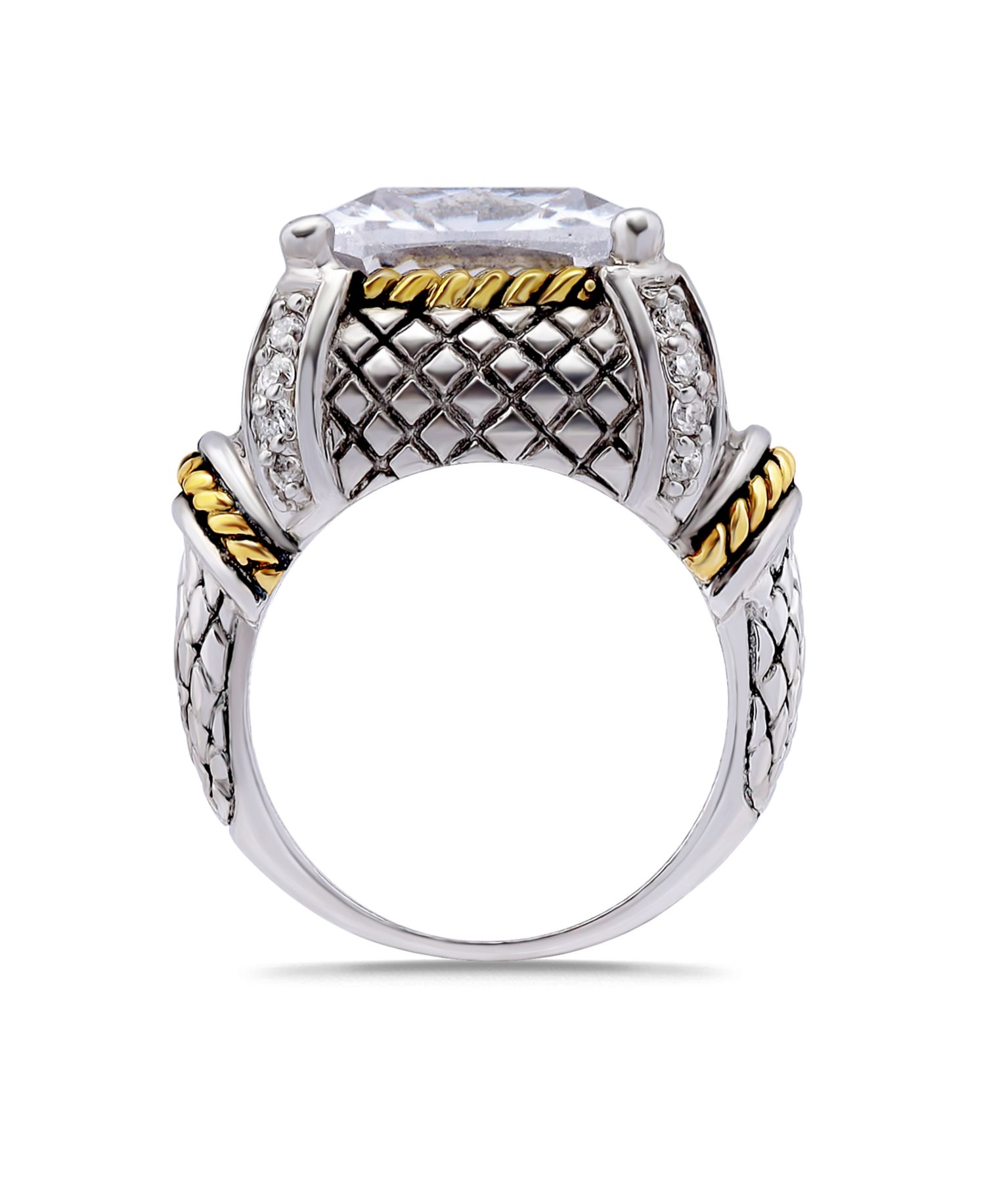 Two-Tone Cushion Cut Cubic Zirconia Oxidized Accents Statement Ring