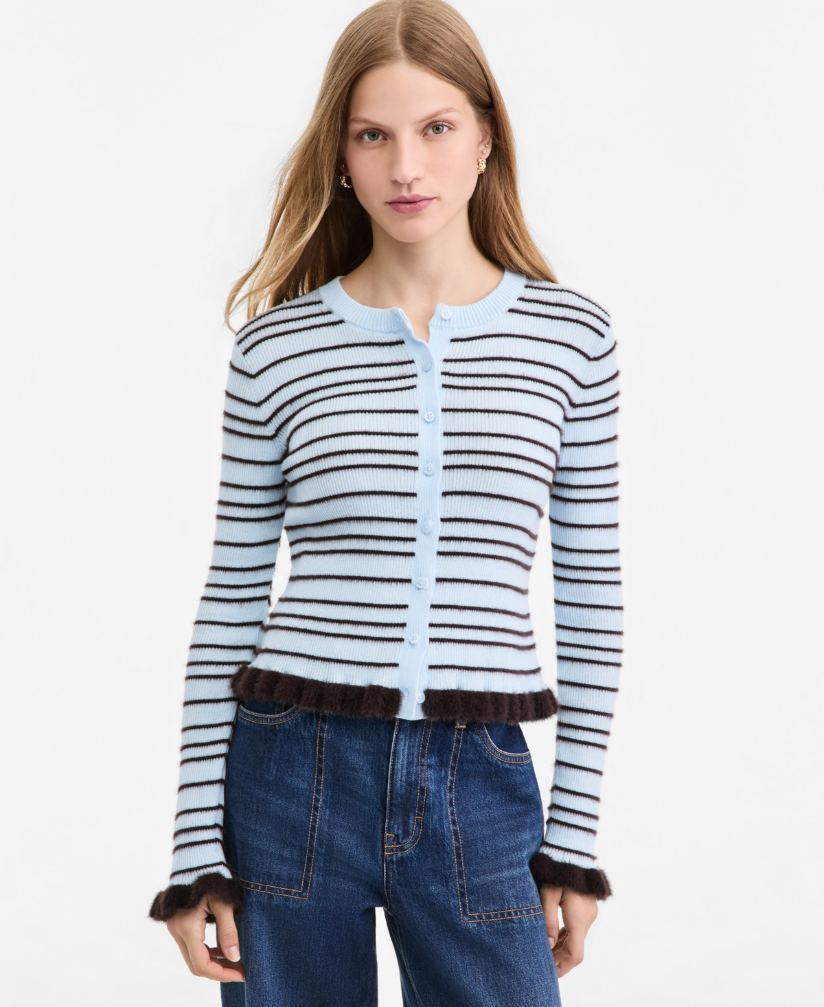 On 34th Women's Eyelash-Stripe Ruffle-Trim Crewneck Cardigan, Macy's Exclusive