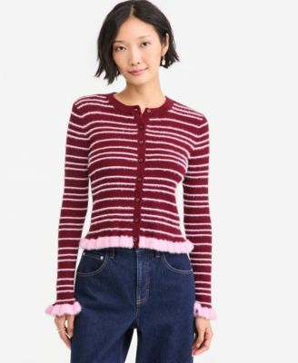 Women's Eyelash-Stripe Ruffle-Trim Crewneck Cardigan