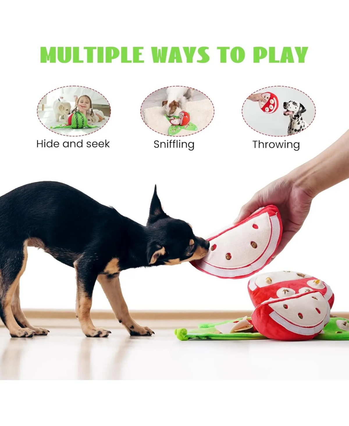 Nocciola 4 in 1 Watermelon Dog Enrichment Toy, 3 Squeaky Slices with Rind Snuffle Mat, Hide and Seek Treat Puzzle Toy for All Breeds