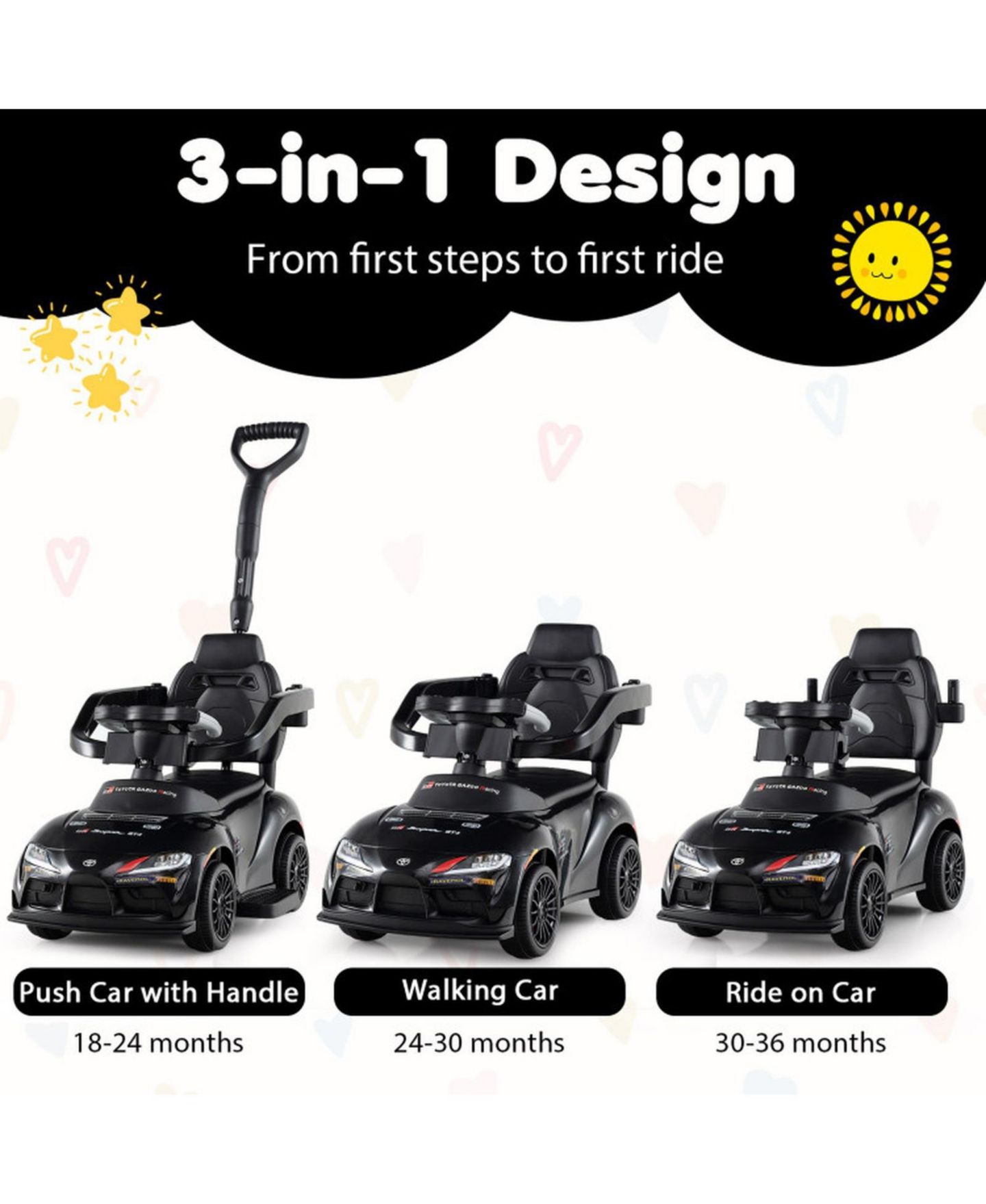 Детская игрушка HONGGE 3-in-1 Toddler Foot-to-Floor Sliding Car Ride-On, 44 lbs. Capacity, Ages 18 Months–5 Years, цвет: Чёрный — фото 4