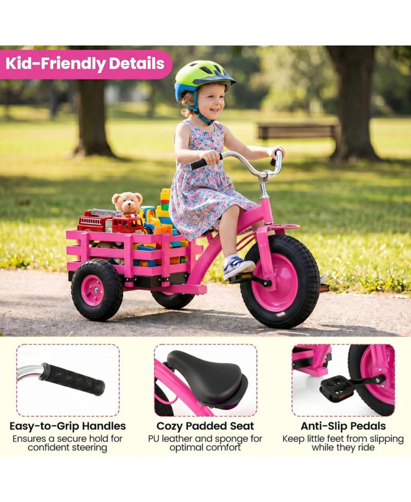 Детская игрушка HONGGE Kids Tricycle with Inflatable Rubber Tires and Wooden Basket, 200 lbs Capacity, Ages 3+, цвет: Розовый — фото 9