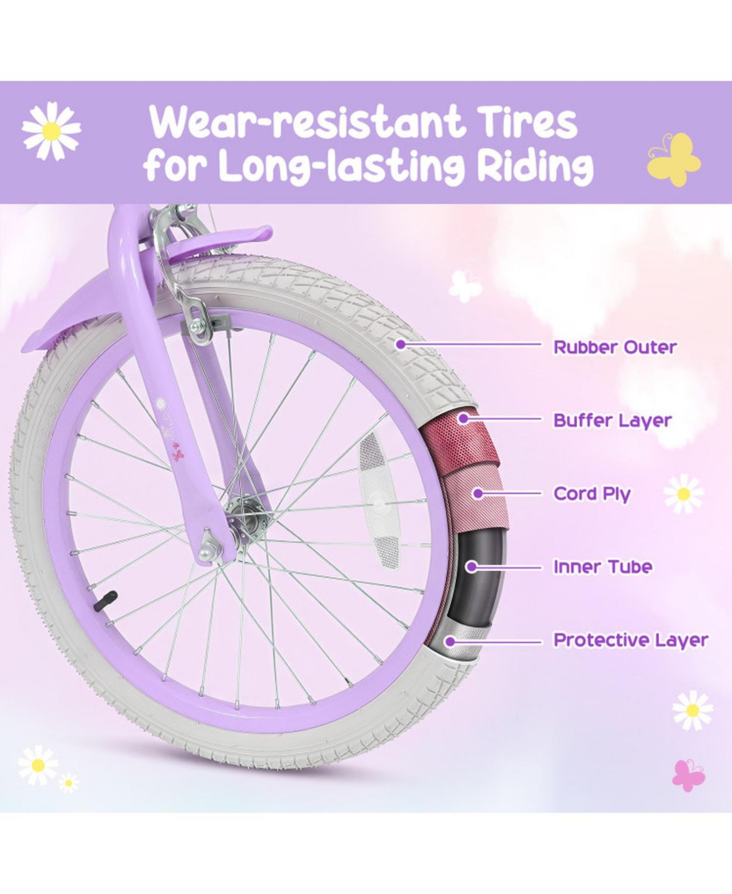 Детские игрушки HONGGE Adjustable 18-Inch Girls Bike with Front Storage Bag, цвет: Фиолетовый — фото 6