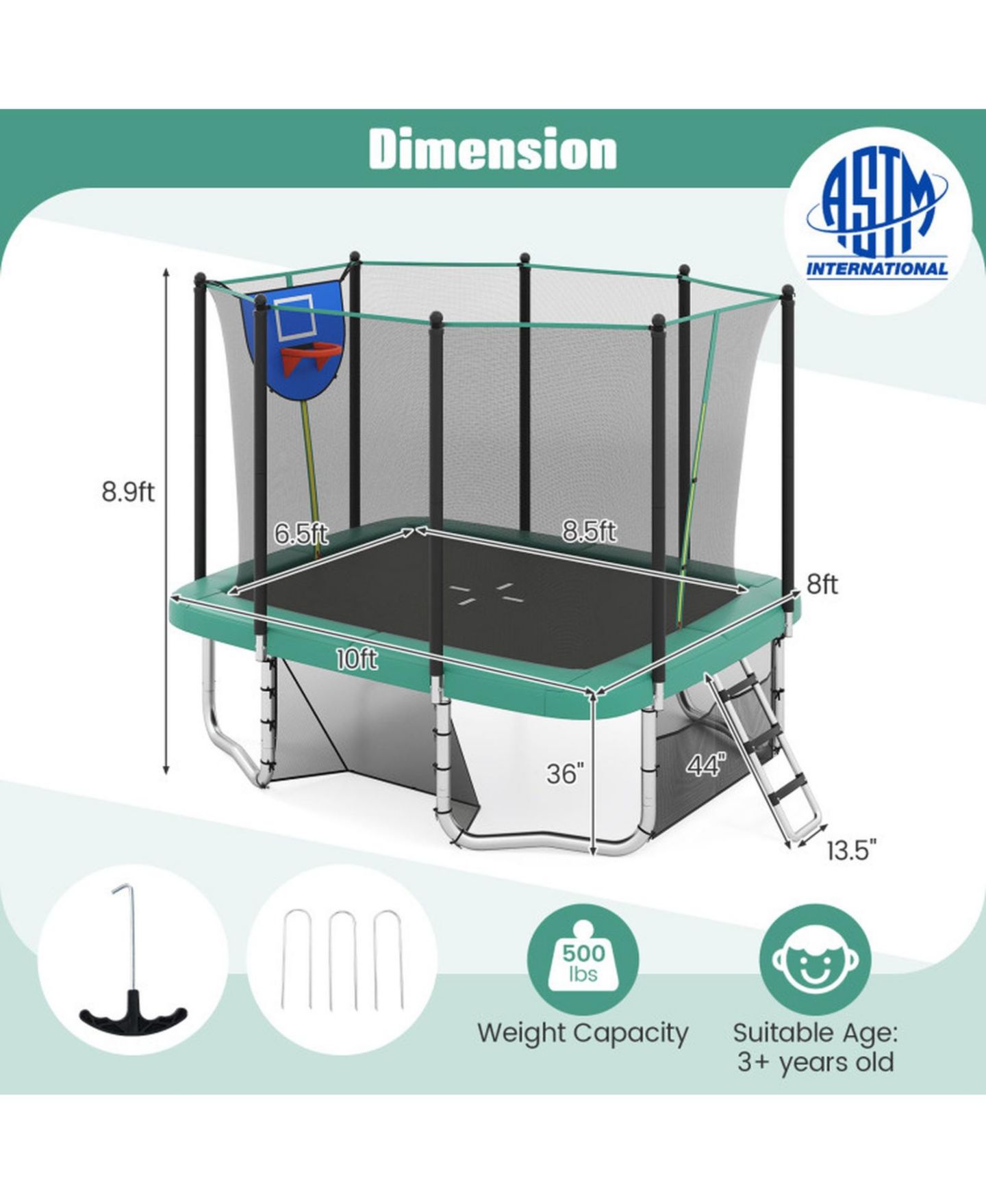 Детская игрушка HONGGE Rectangle 10 x 8 Trampoline with Basketball Hoop and Soccer Goal, Ages 3+, цвет: Зелёный — фото 3